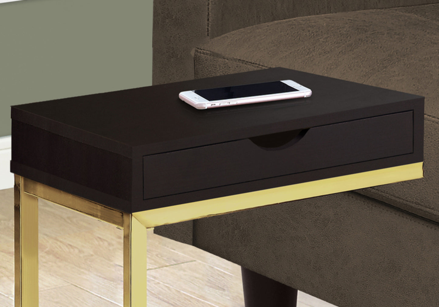 Dark brown modern end table with gold metal legs and one drawer