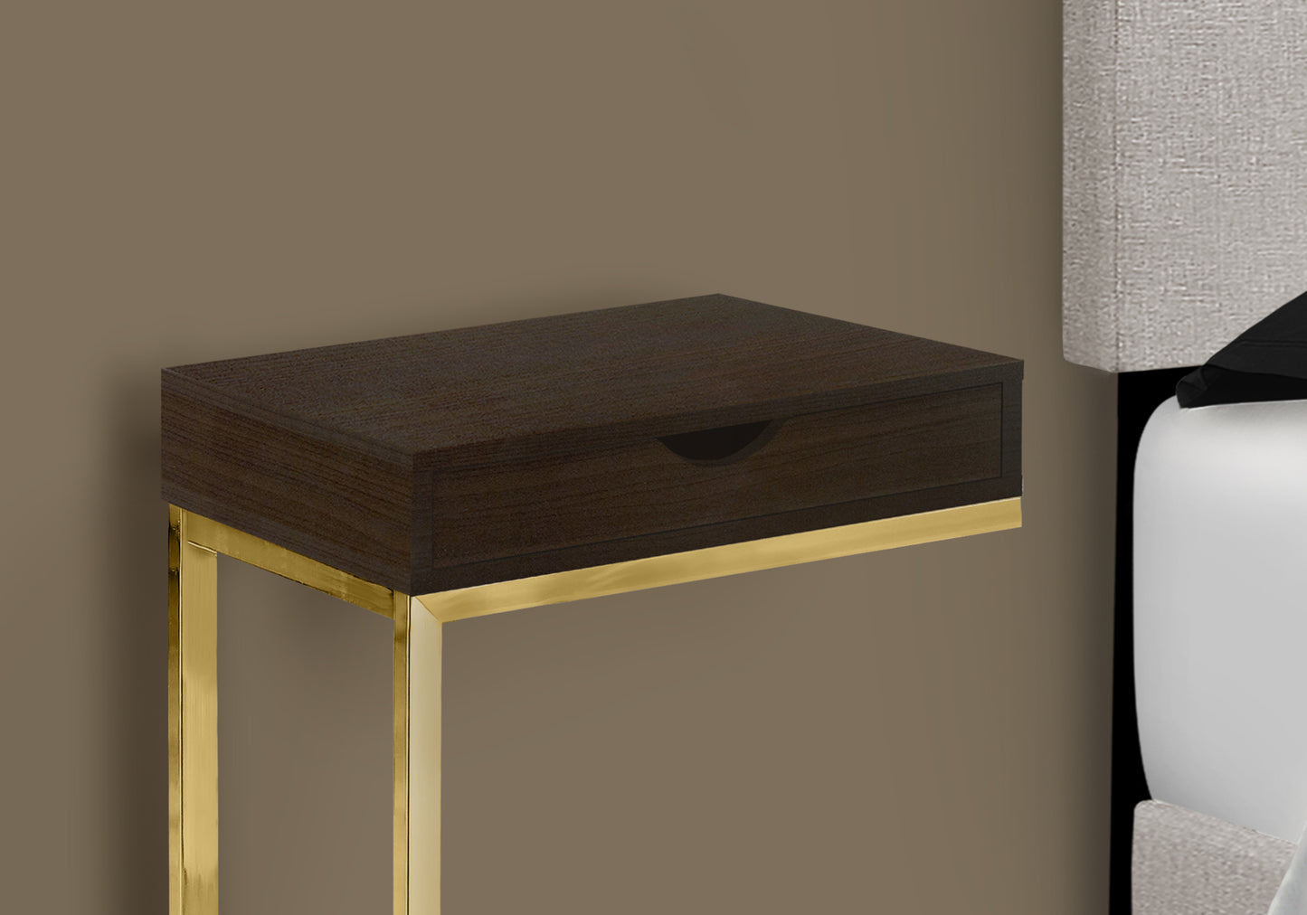 Dark wood nightstand with drawer and gold metal legs modern bedroom furniture
