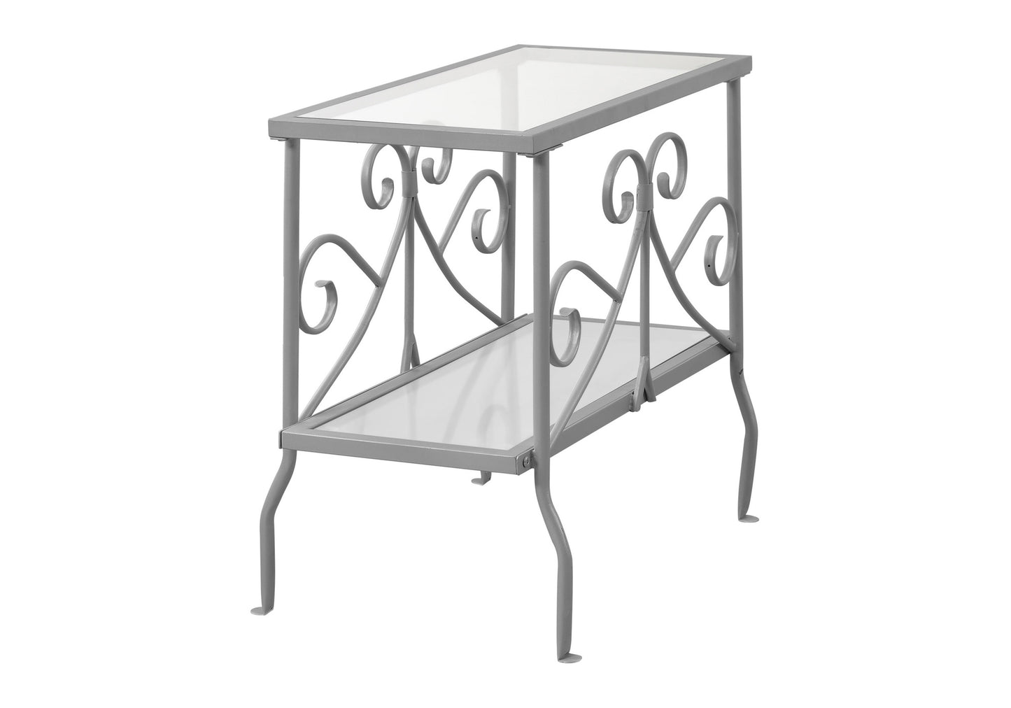 Grey metal end table with glass top and shelf featuring ornate scrollwork accents