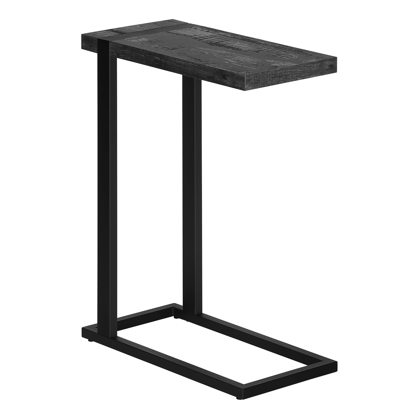 Modern Ctable with dark wood grain top and black metal frame ideal for small spaces