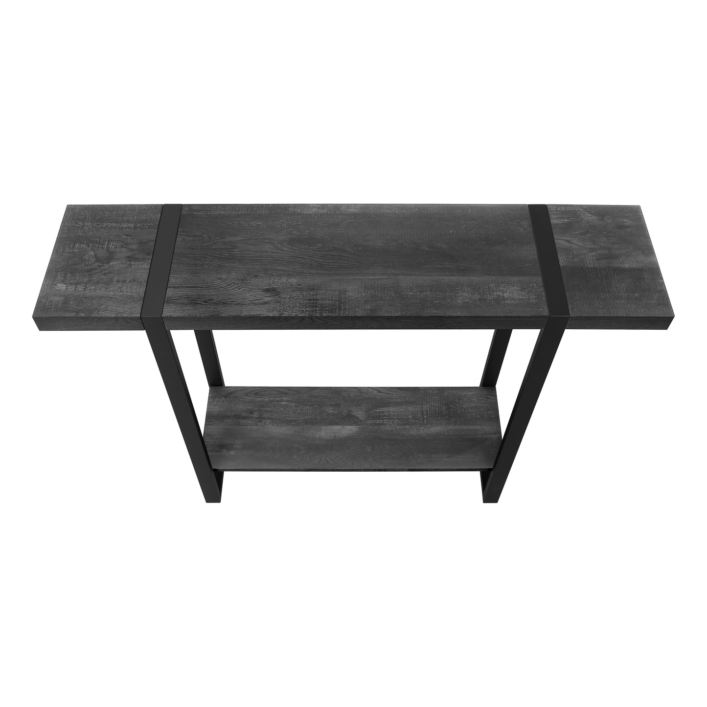 Dark grey wood console table with black metal frame and two shelves