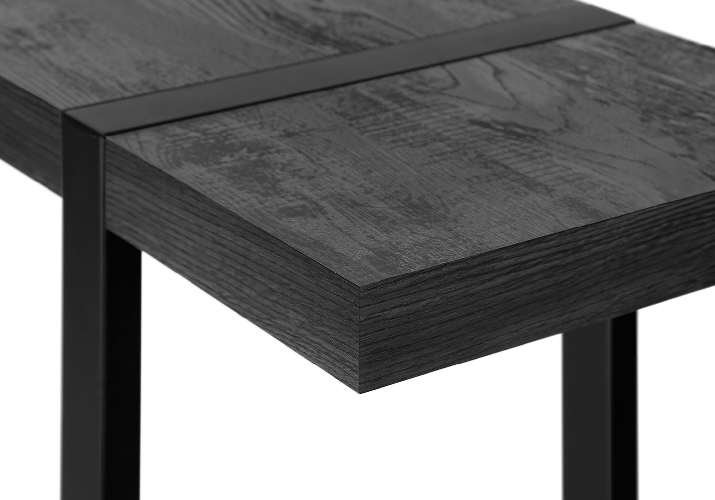 Dark grey wood grain entryway table with black metal legs