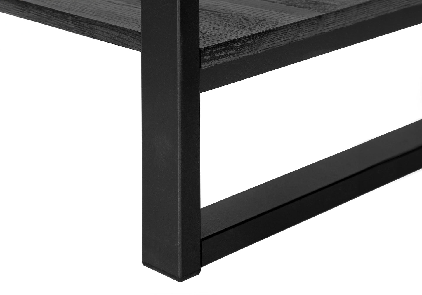 Black wood grain shelf detail with matte black metal leg for modern shelving unit