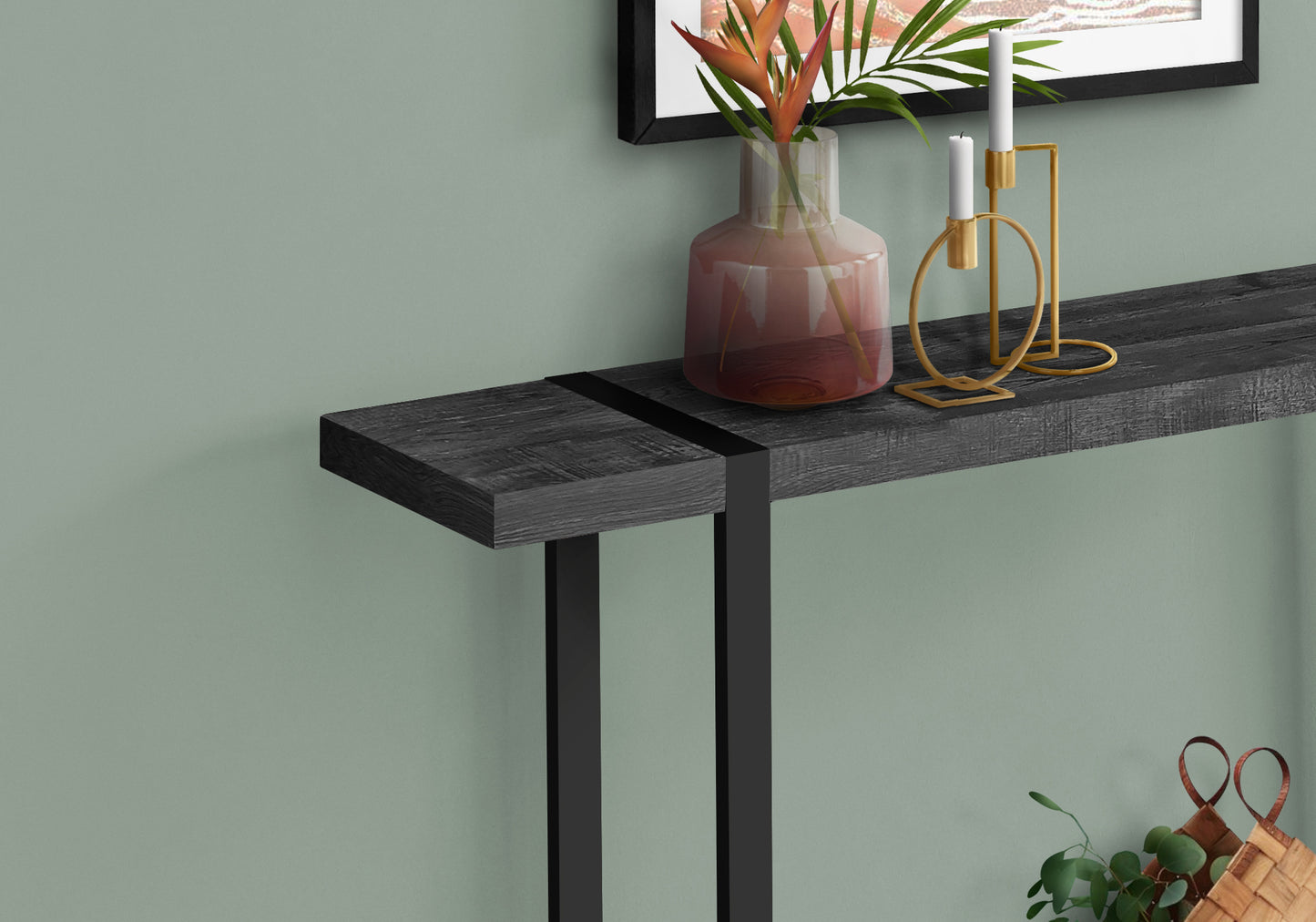 Dark wood console table with black metal legs modern design