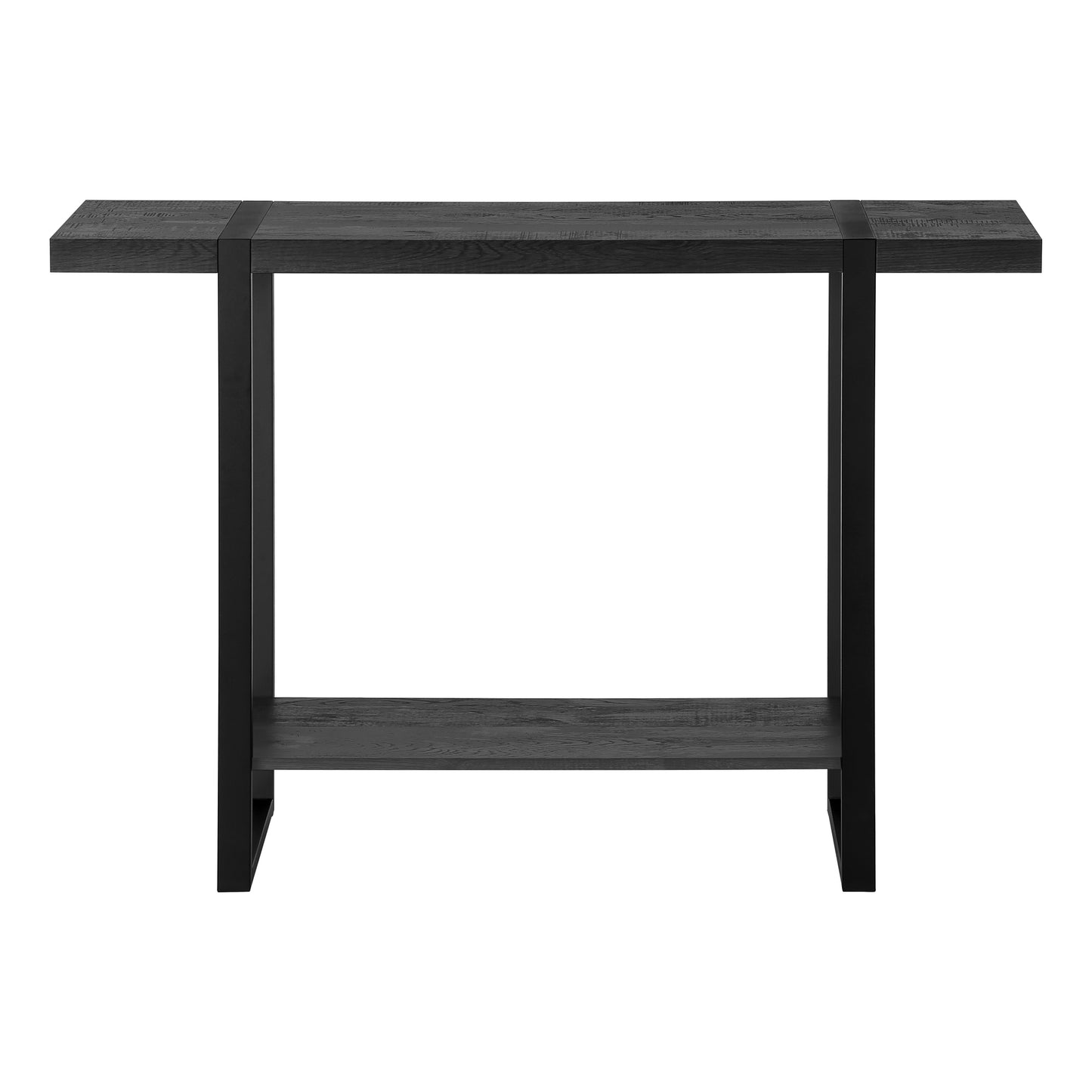 Dark grey wood and black metal console table with two shelves perfect for entryways