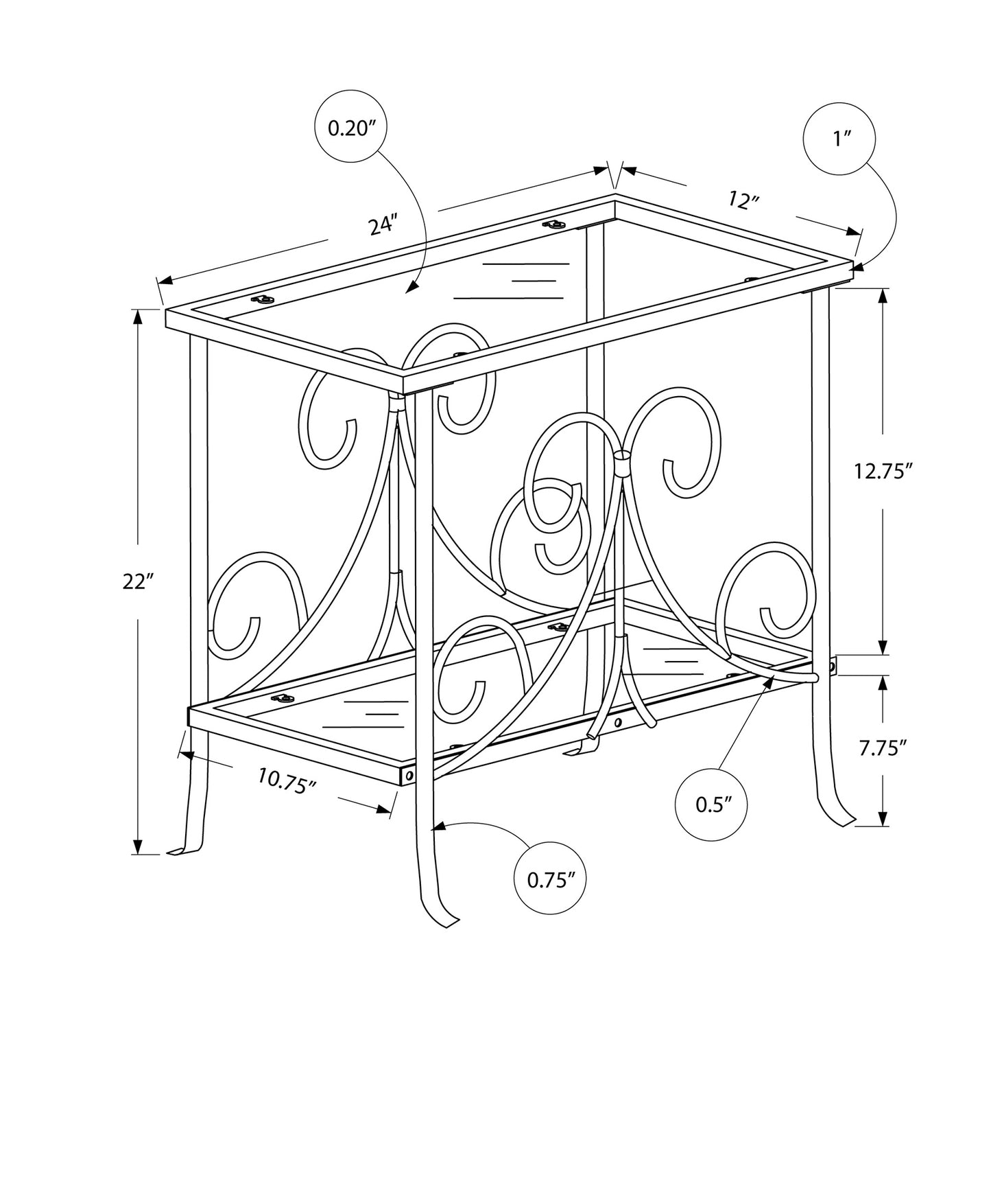 Ornate metal end table with glass top H x W black wrought iron