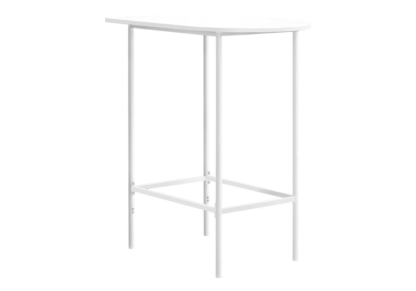 White metal bar table with a curved top and minimalist frame
