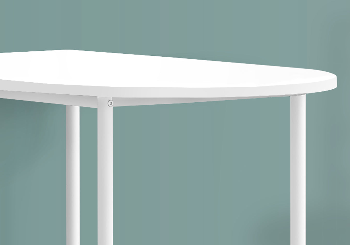 Modern white oval desk with sturdy white metal legs for office use