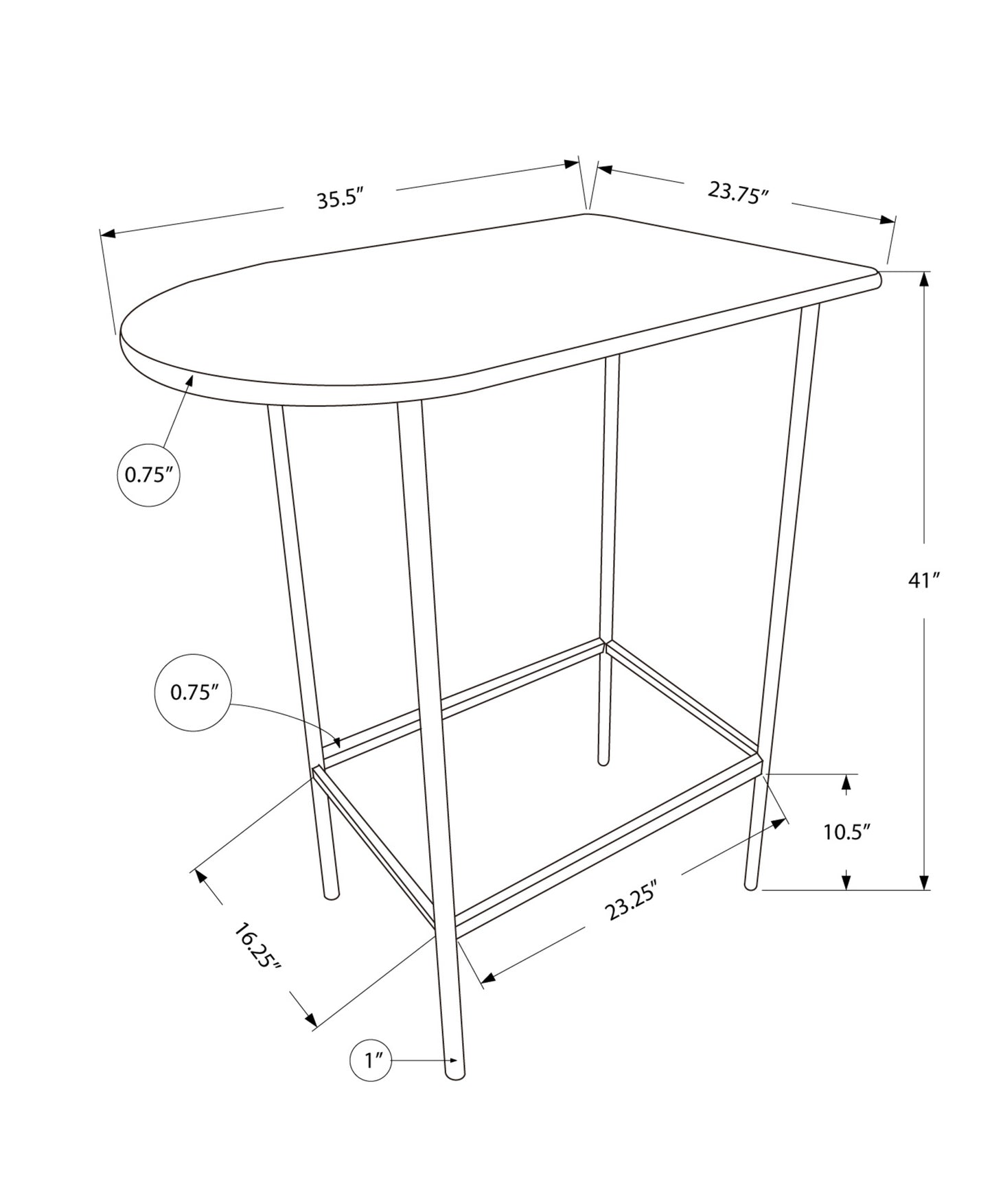 Blueprint diagram of a modern narrow bar table W x D x H