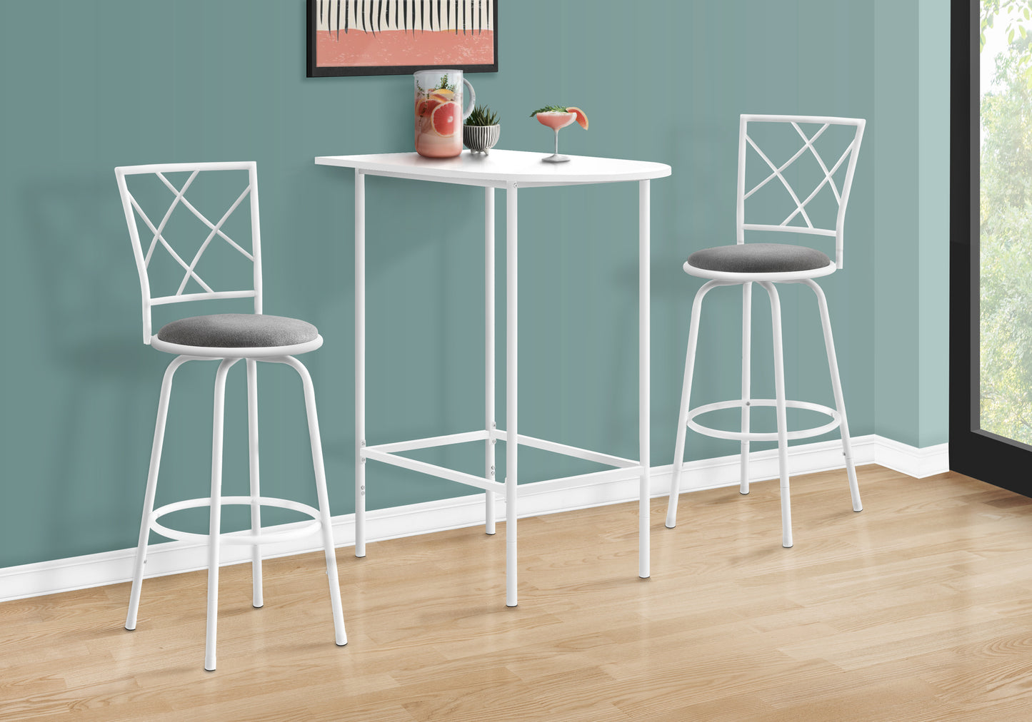 White metal bar stool with gray upholstered seat and diamond back