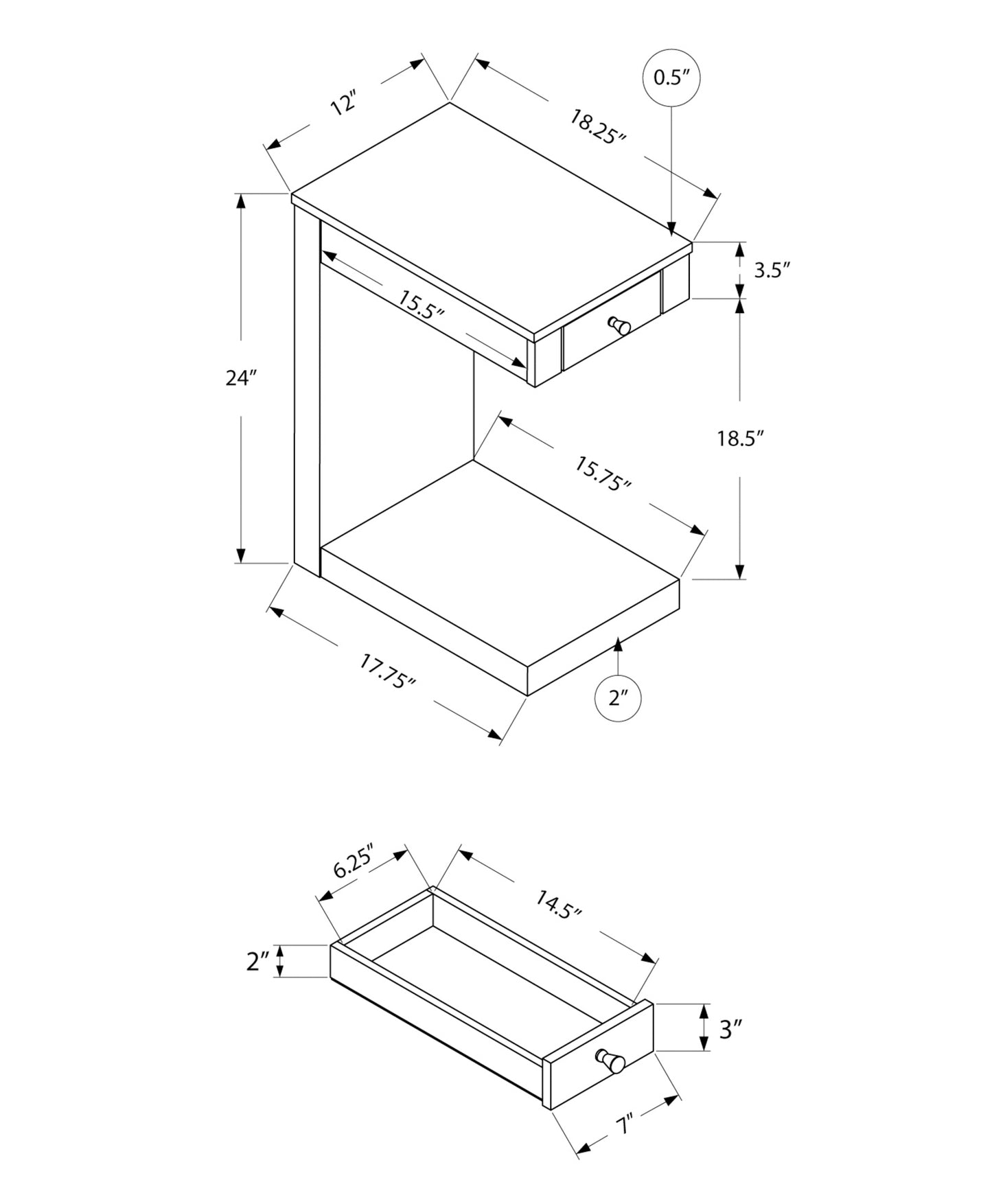 Technical drawing of a Cshaped side table high with dimensions labeled for its wide top