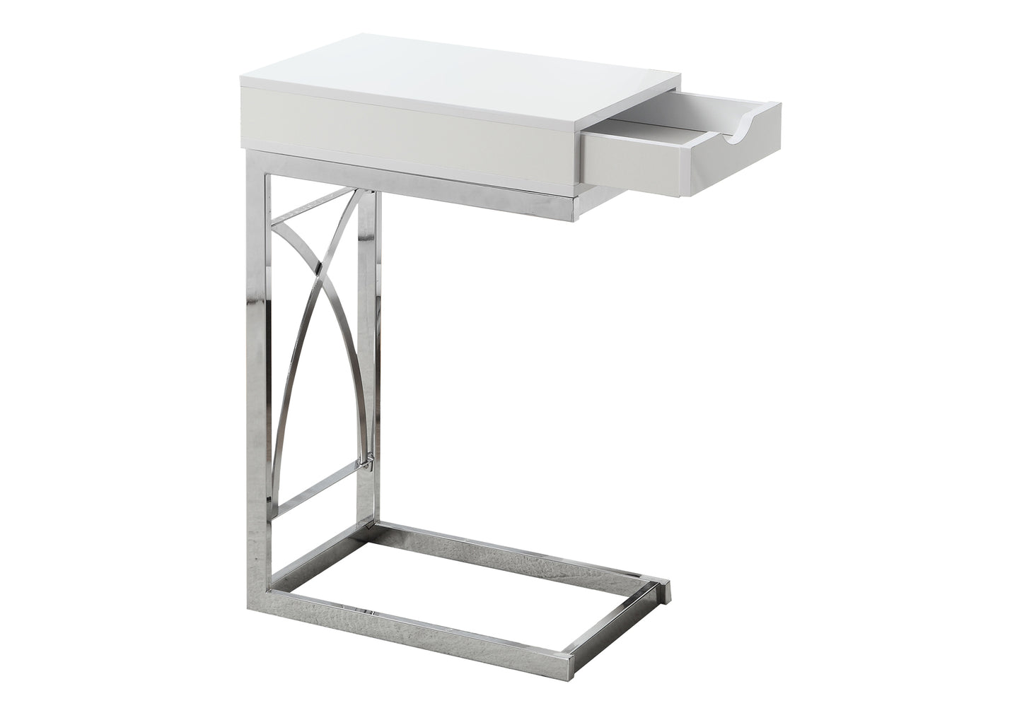 Sleek white Ctable with open drawer and polished chrome metal frame