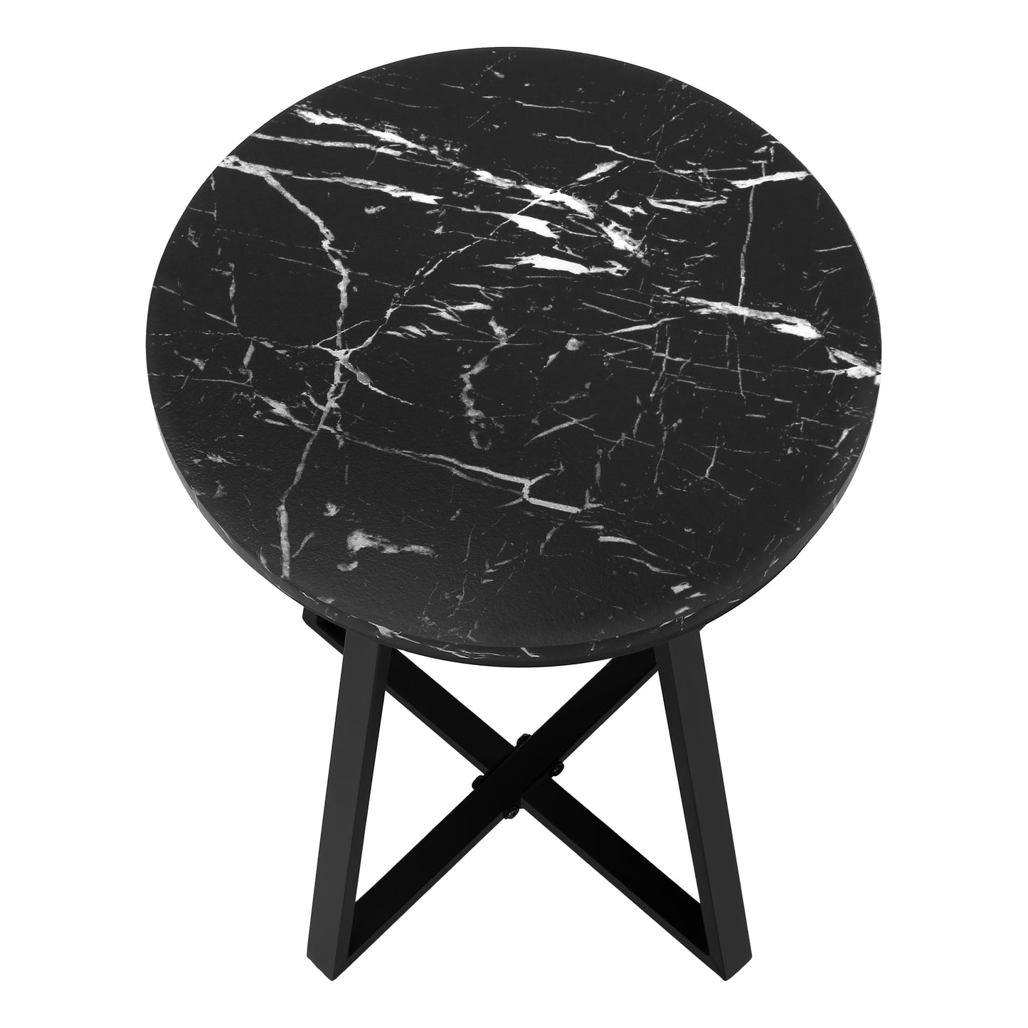 Round black marble top side table with a matte black metal base
