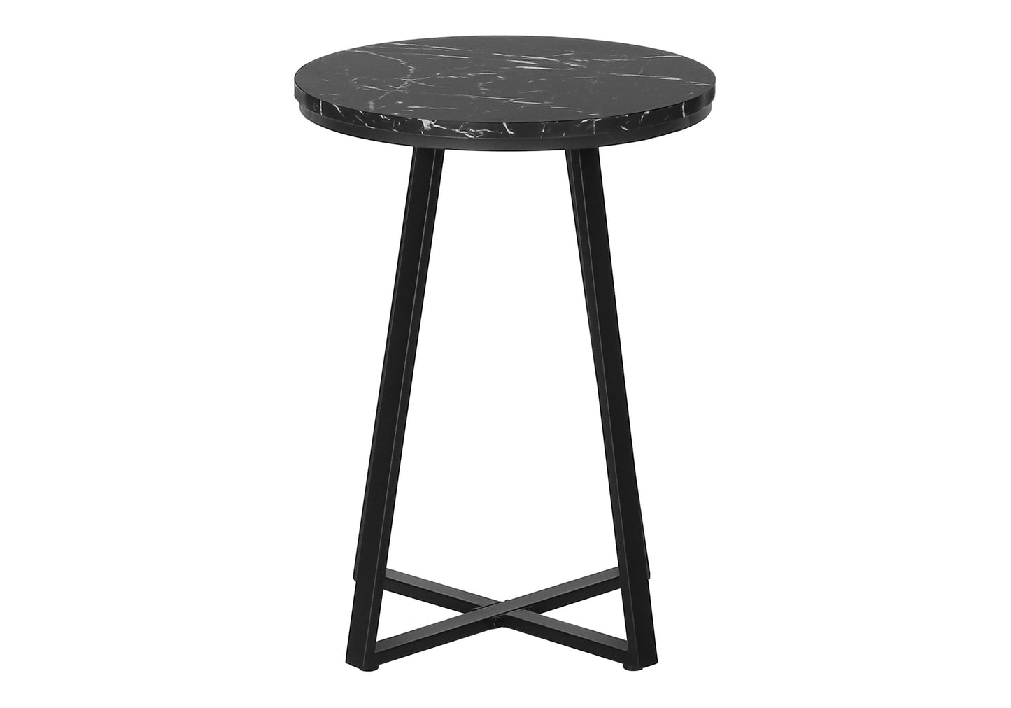 Round black marble side table with modern black metal cross base