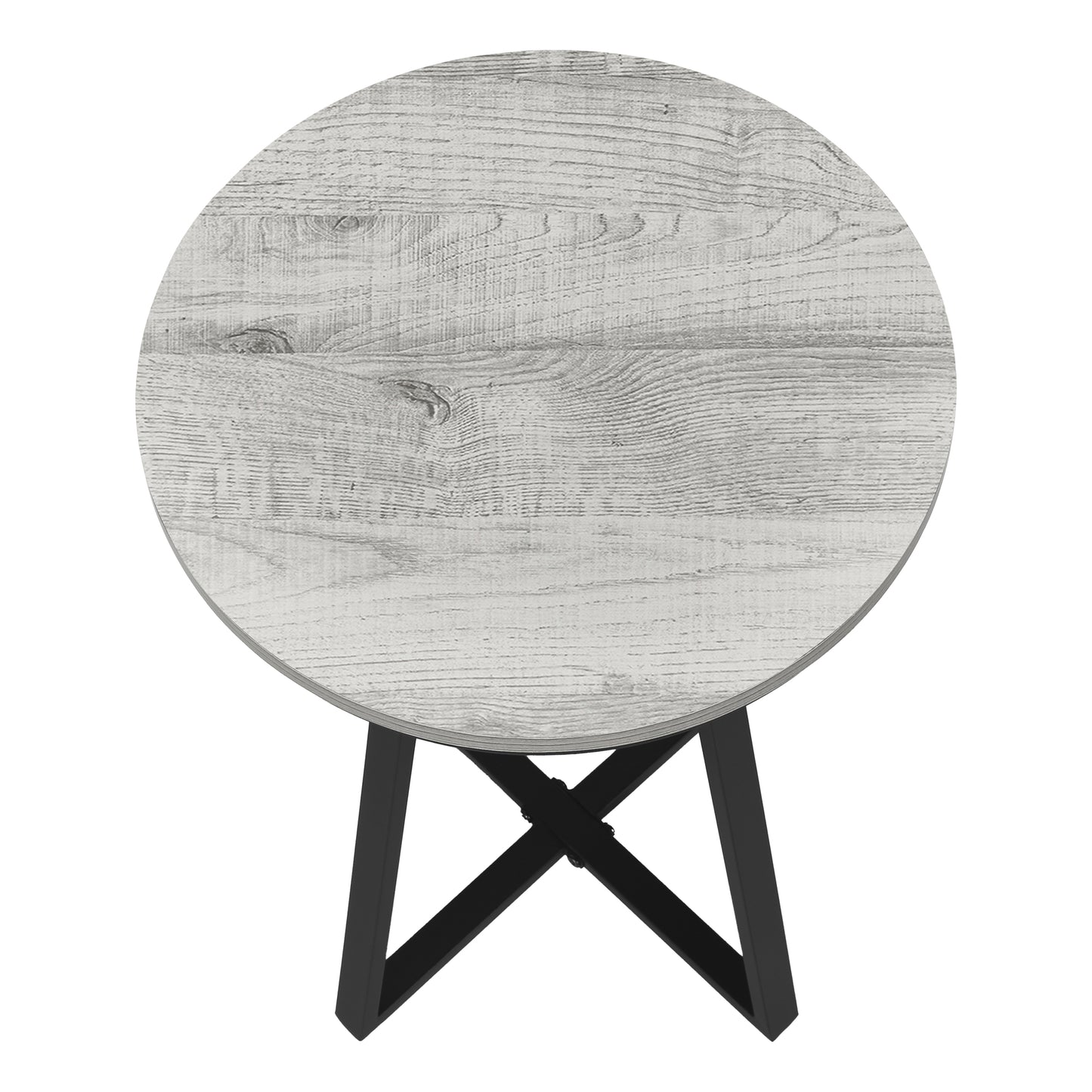 Round distressed wood side table with black Xshaped legs