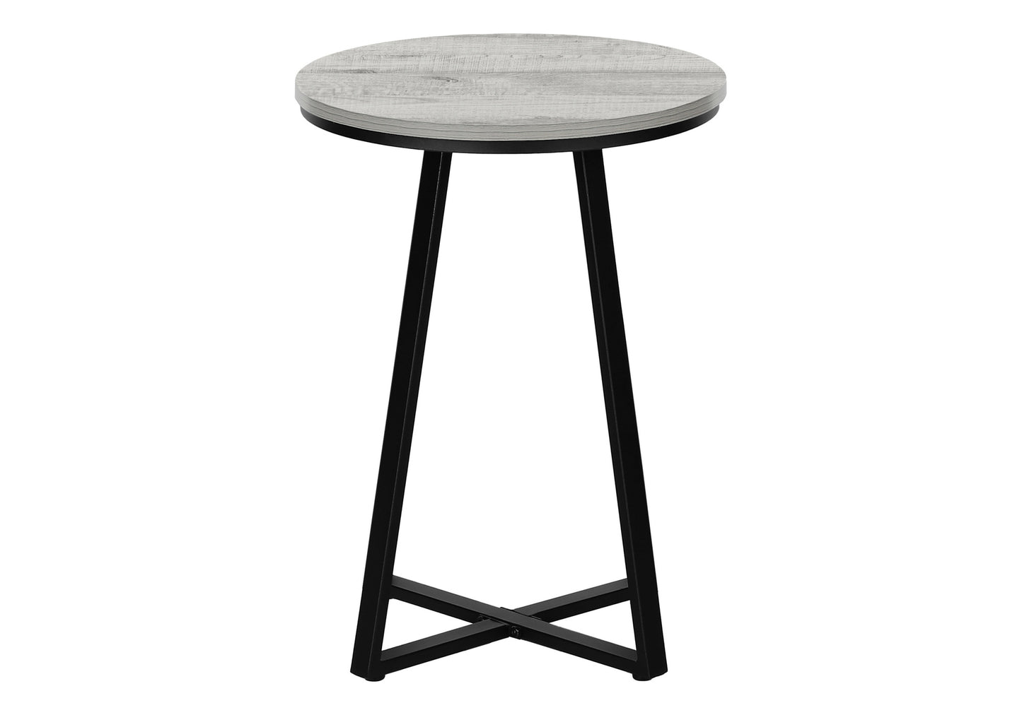 Round side table with distressed wood top and black metal legs