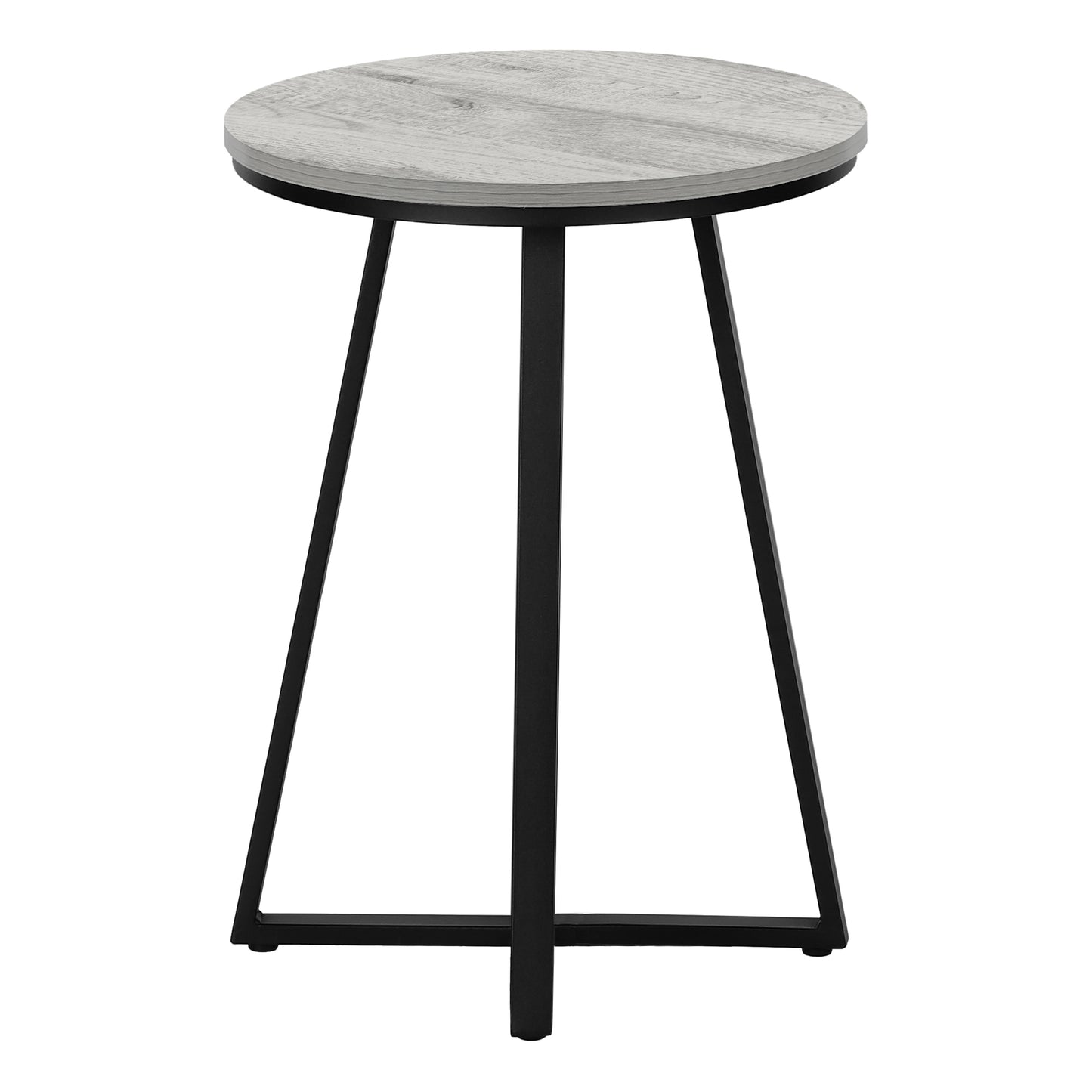 Round gray woodlook side table with black metal legs perfect for modern living rooms