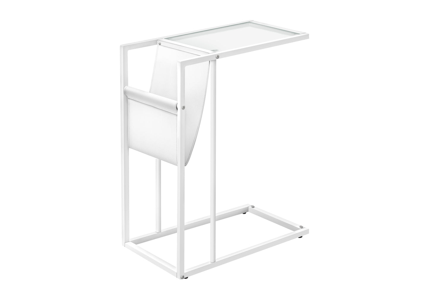 White metal Ctable with glass top and fabric magazine holder