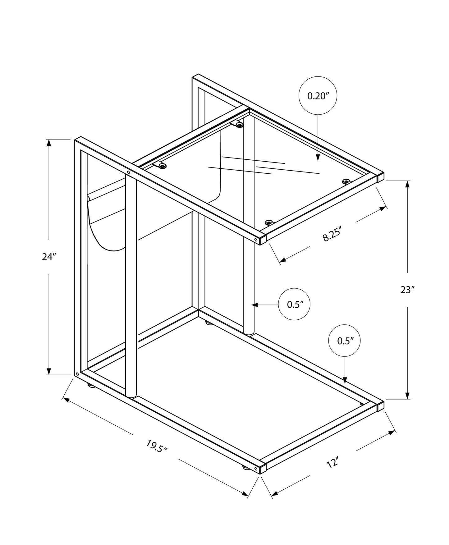 Cshaped accent table with metal frame and clear glass top H x W