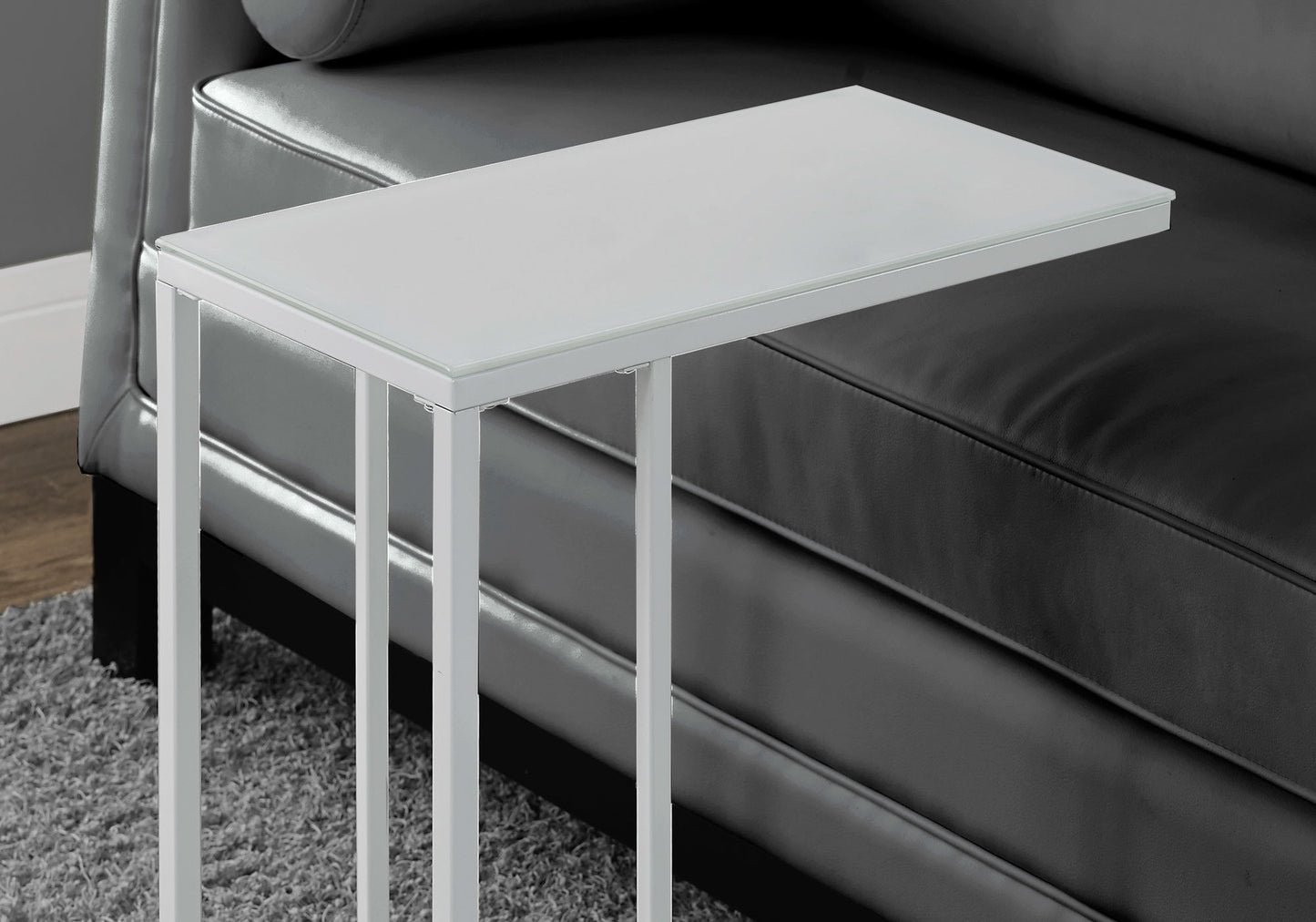 Modern white Ctable with frosted glass top and metal frame perfect for living room use