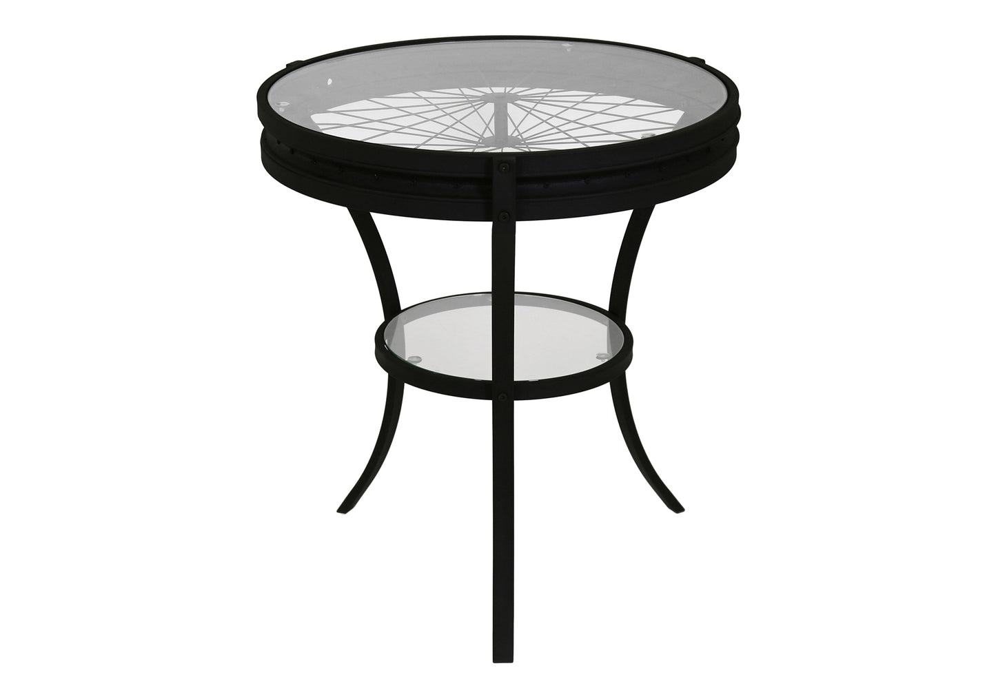 Black metal end table with clear glass top featuring bicycle wheel design