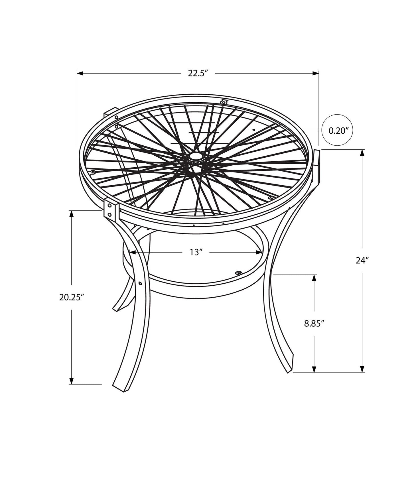 Technical drawing of a round metal side table with spoked wheel design top and curved legs diameter