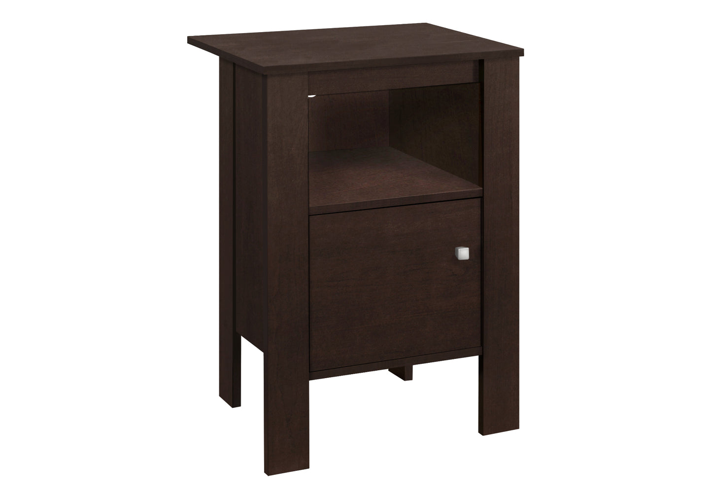 Dark brown wooden nightstand with open shelf and cabinet