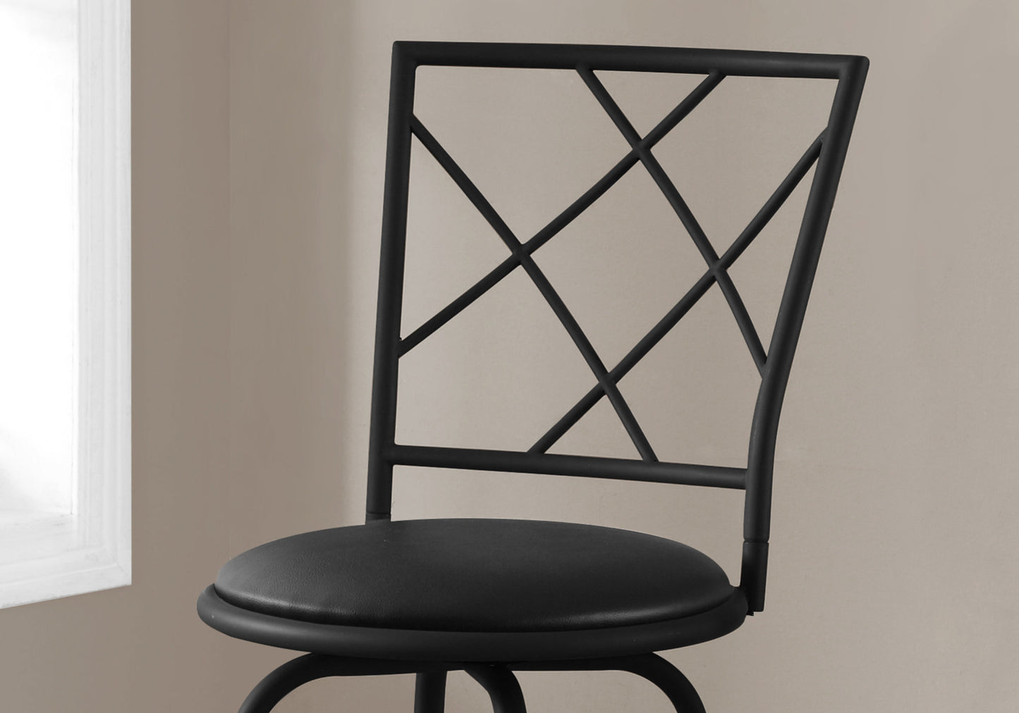 Black metal bar stool with diamondpatterned back and padded seat