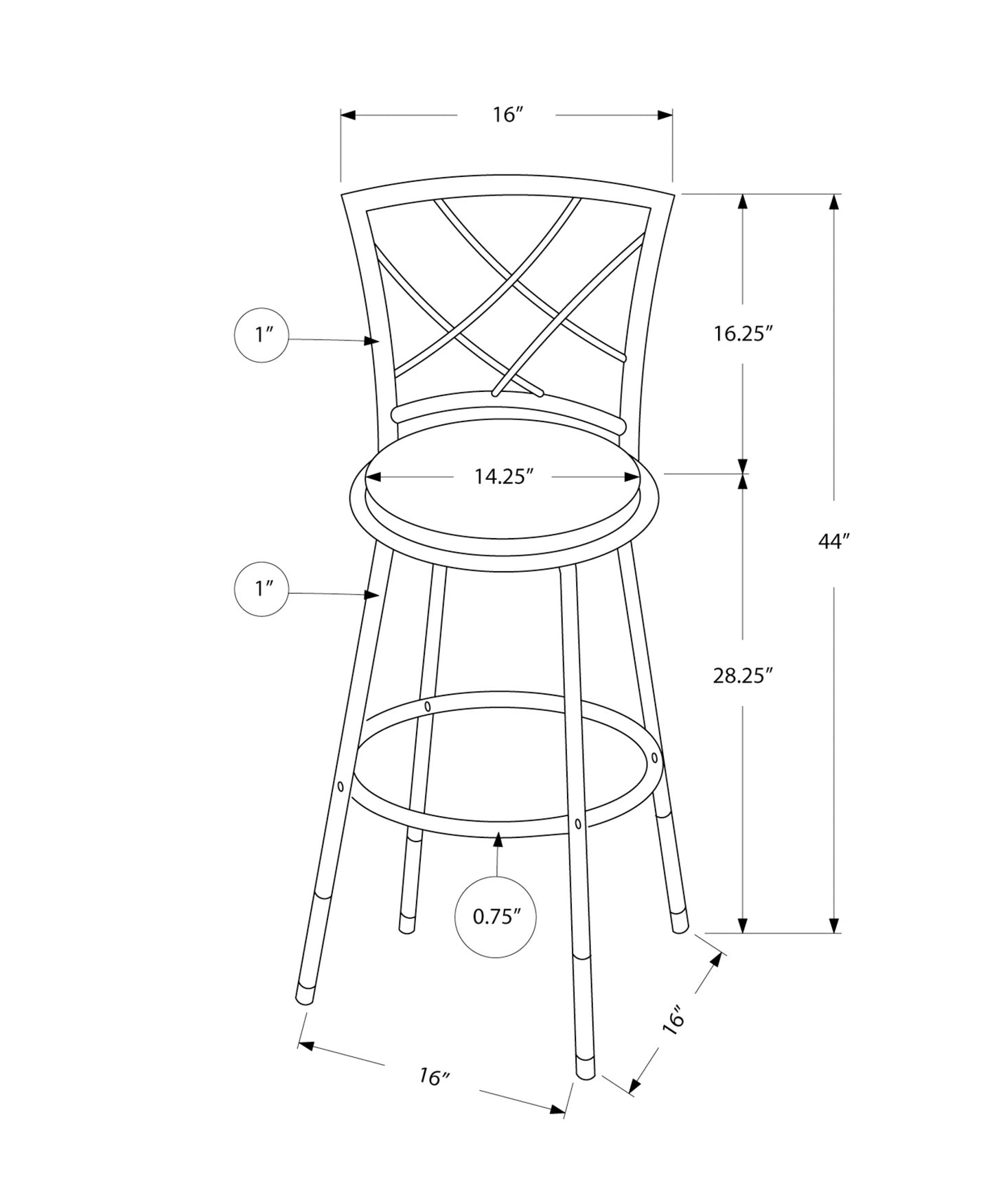 Line drawing of a metal bar stool with a circular seat and a crisscross back design