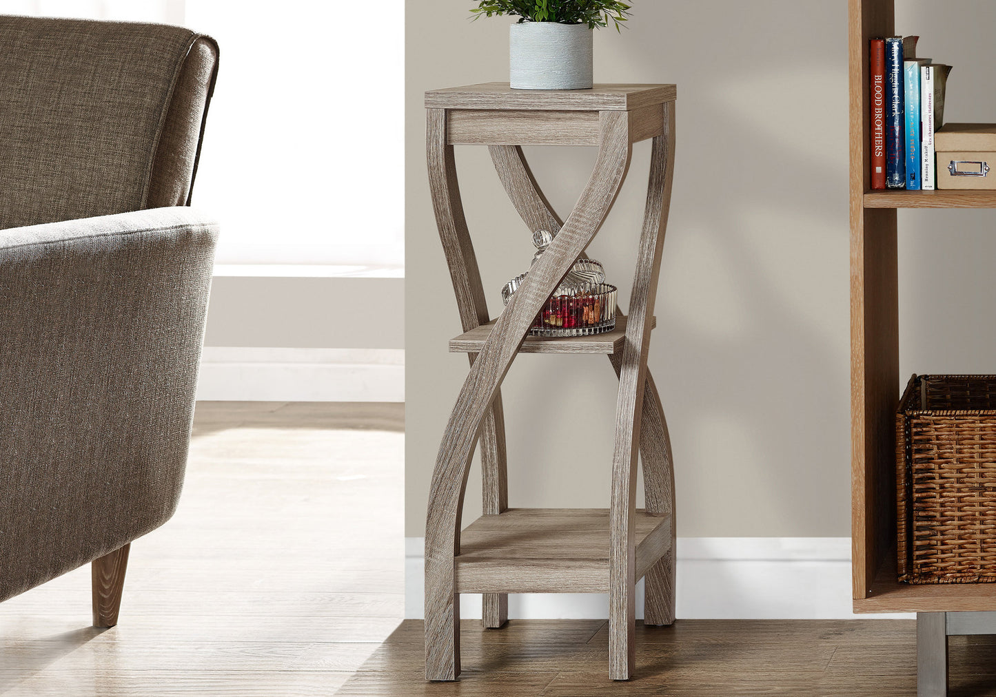 Distressed wood accent table with unique twisted legs and decorative basket on lower shelf