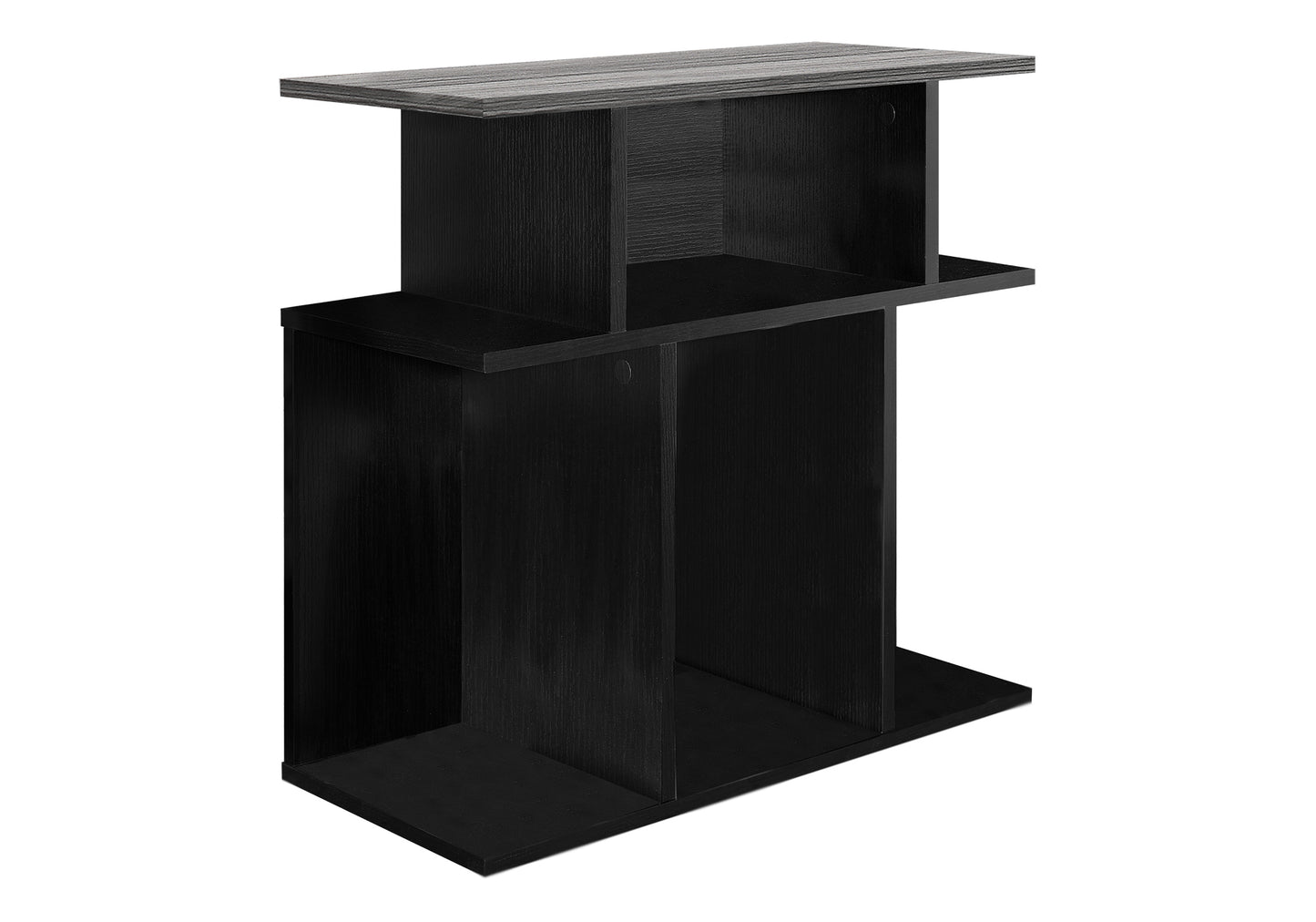 Modern black tiered bookshelf with grey wood top for stylish storage