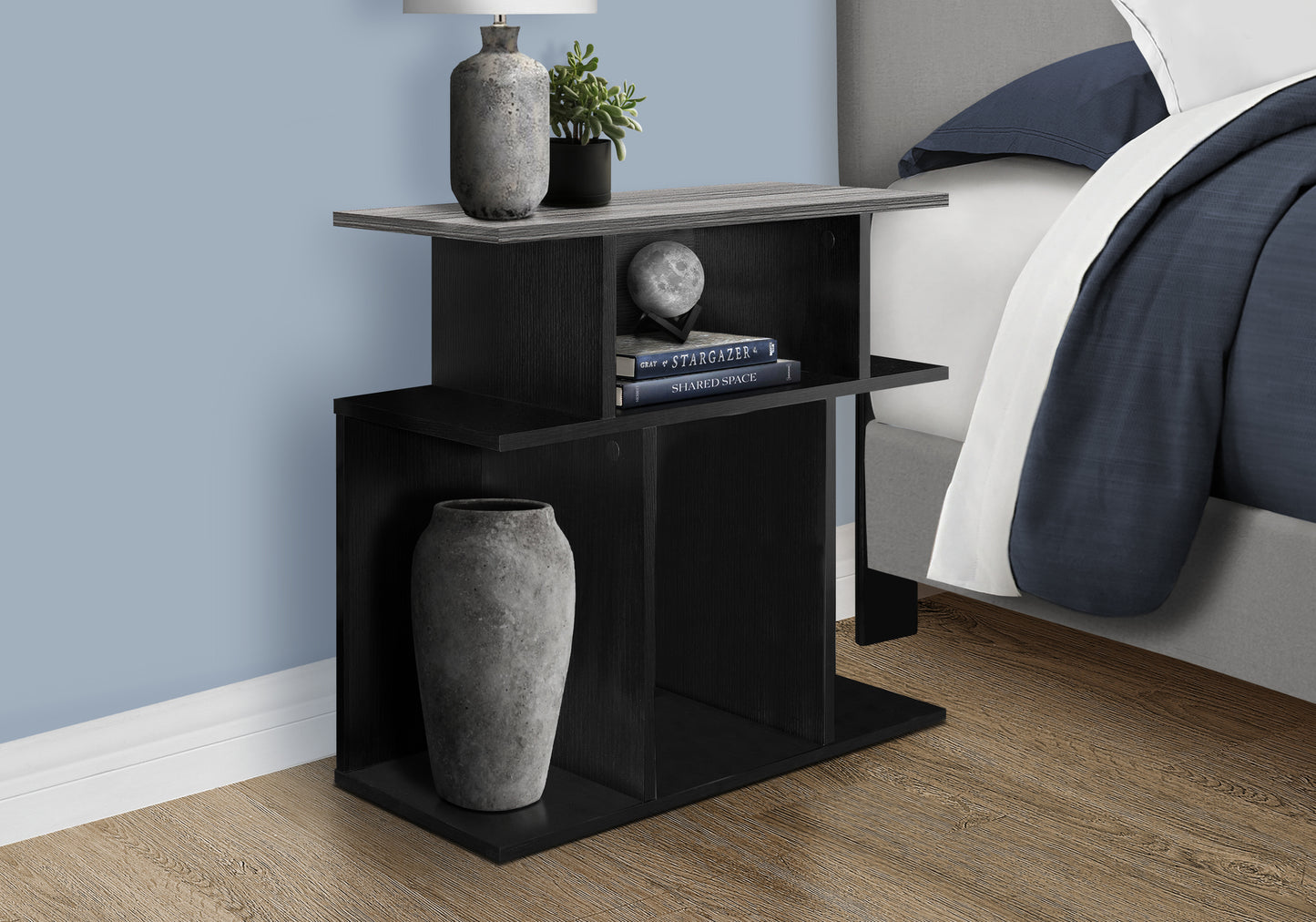 Black wood nightstand with open shelving perfect for bedside storage