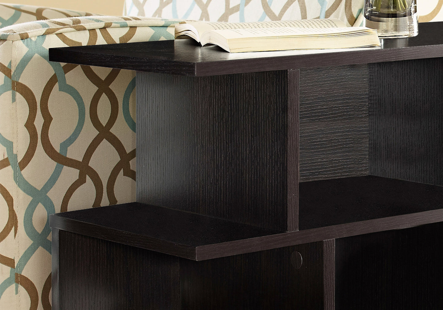 Dark espresso wood bookcase with an open shelf and a closed cubby for storage
