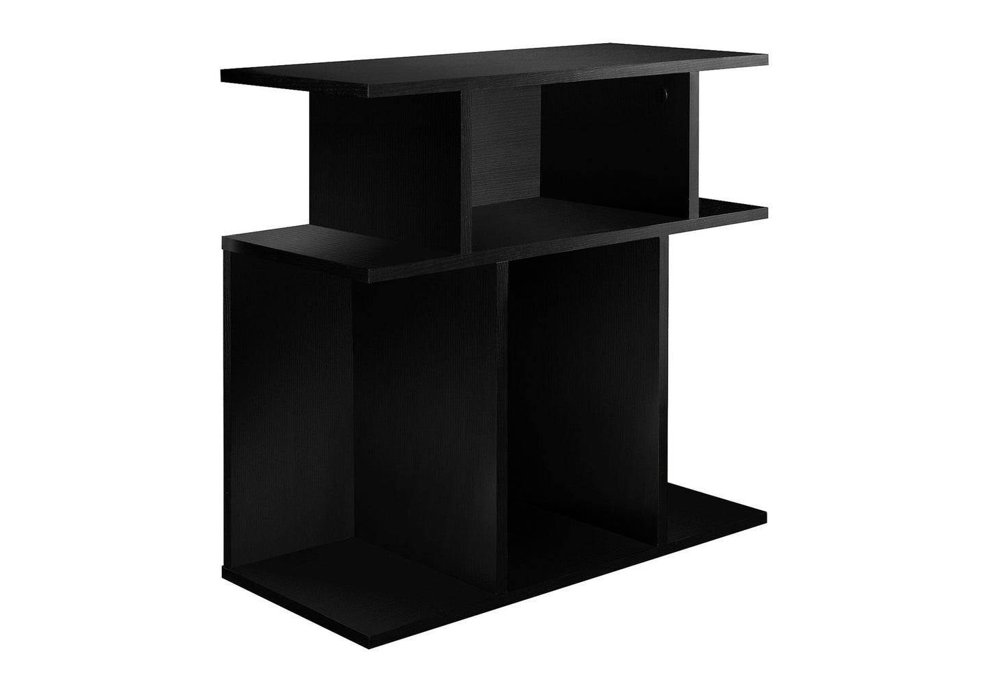 Modern black wood display shelf with asymmetrical compartments