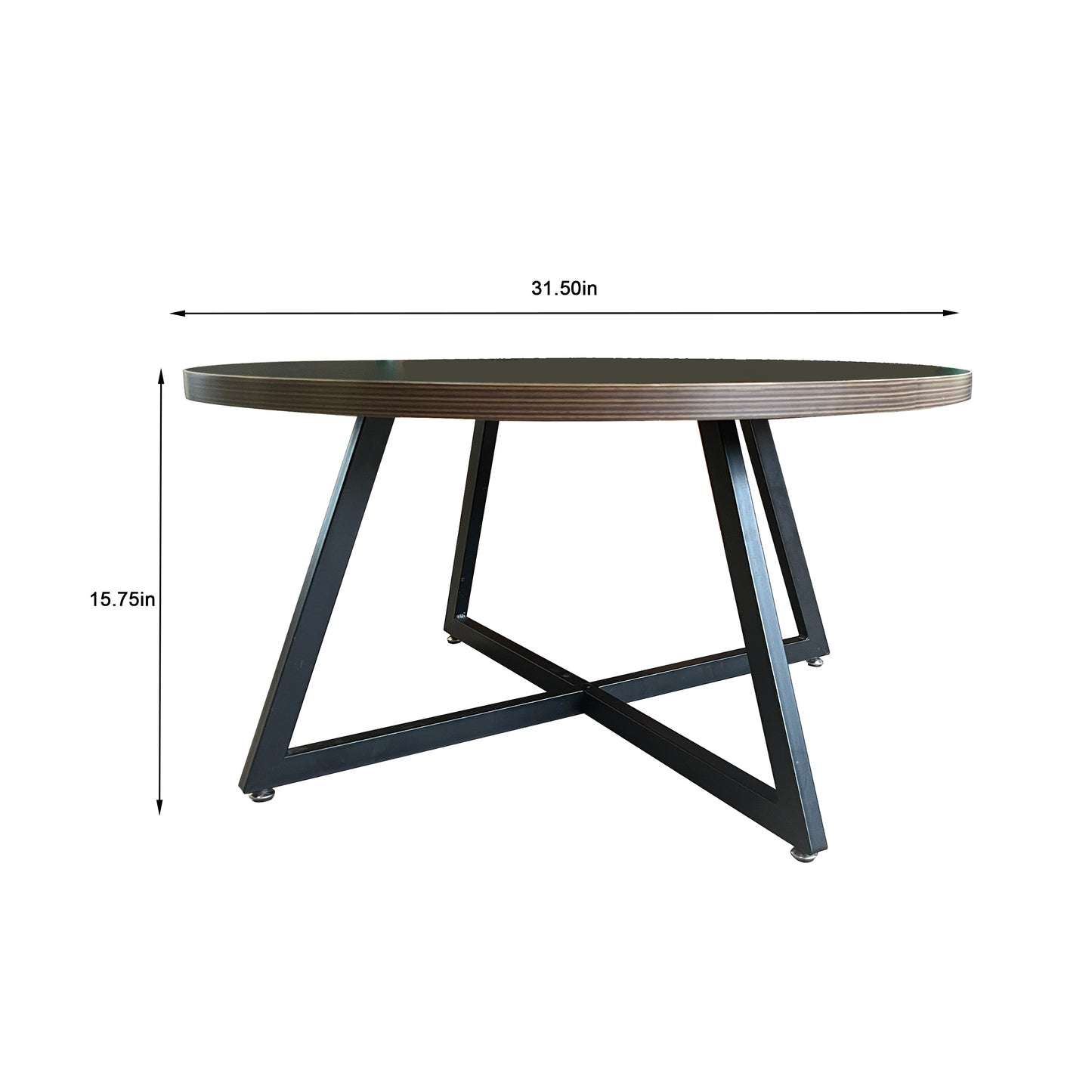 Round modern coffee table with dark wood veneer top and black metal cross legs