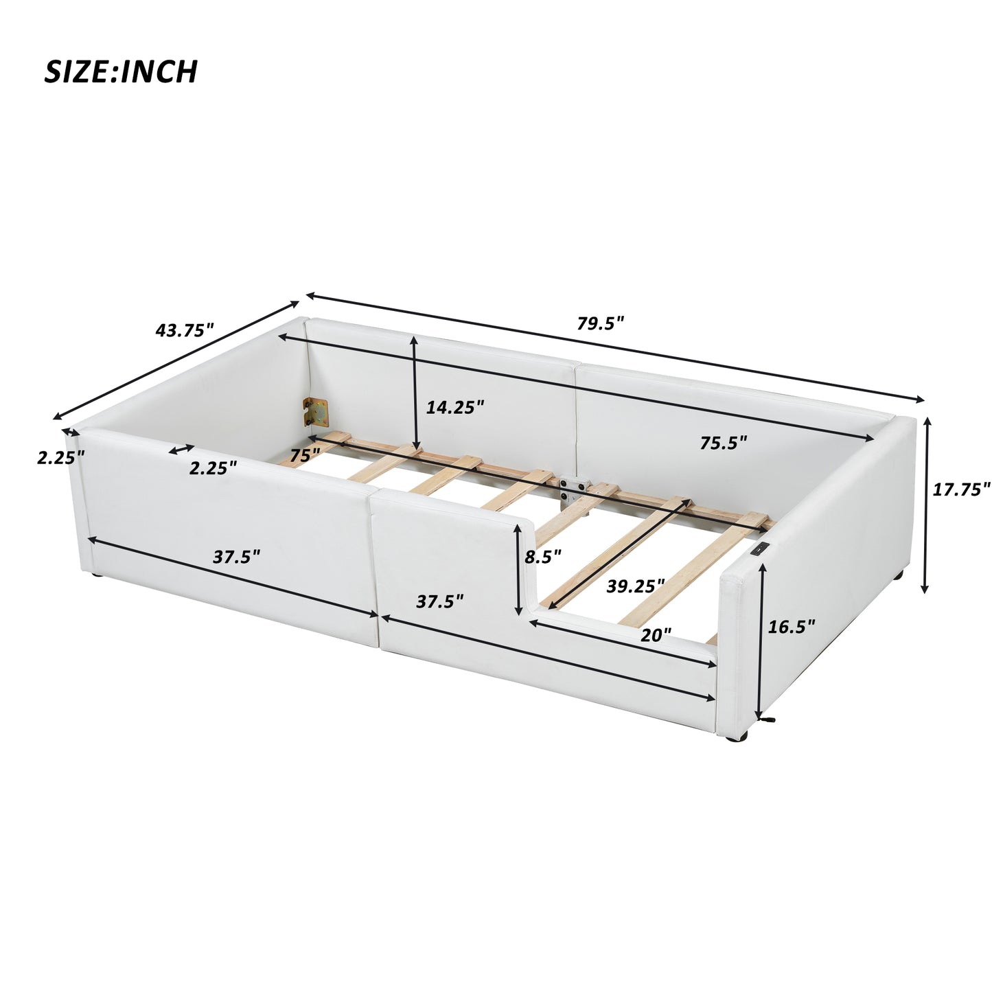 White faux leather daybed frame with wooden slats detailed dimensions shown