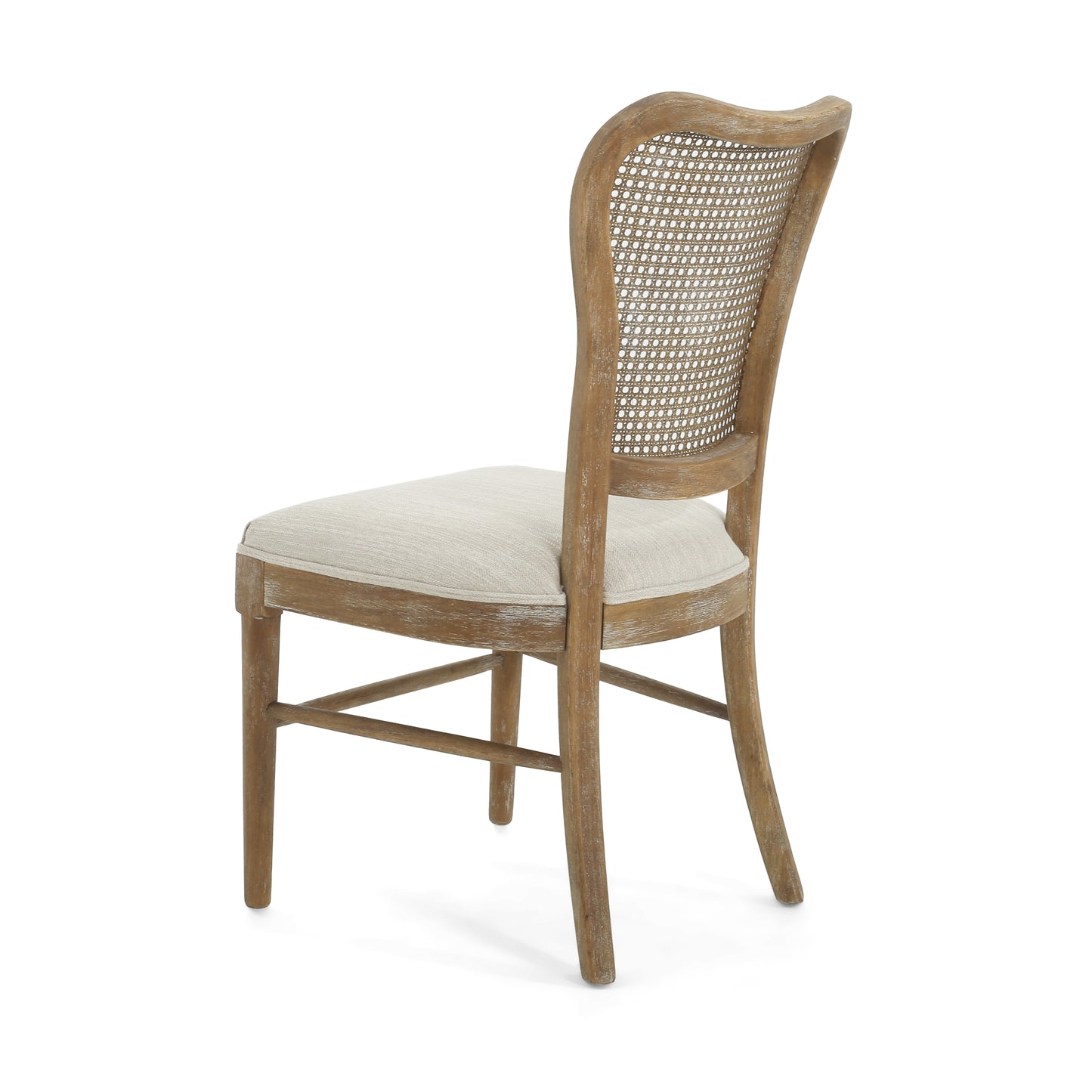 Rustic wooden dining chair with natural woven cane back and cream upholstered seat