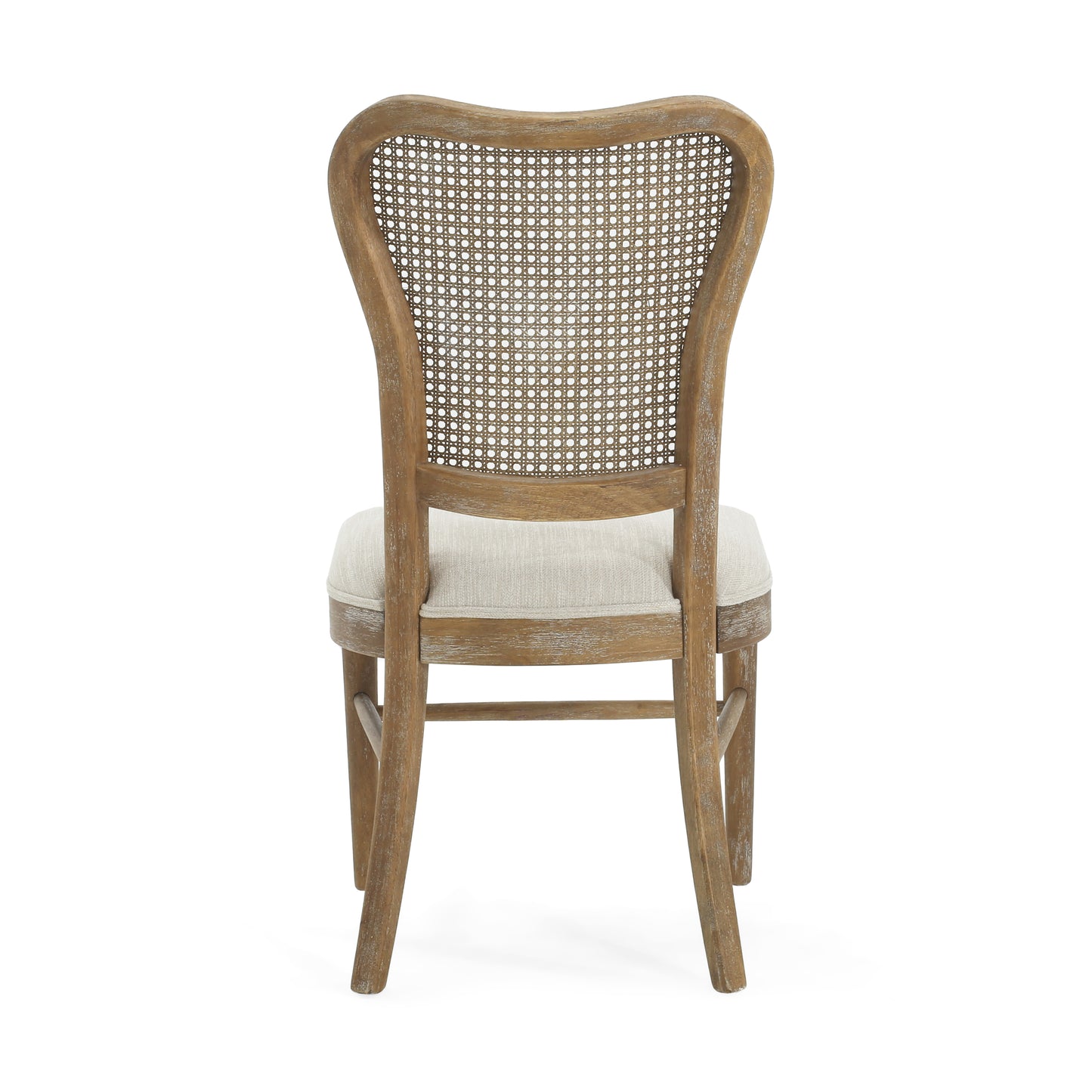 Distressed wood dining chair with woven cane back and linen seat