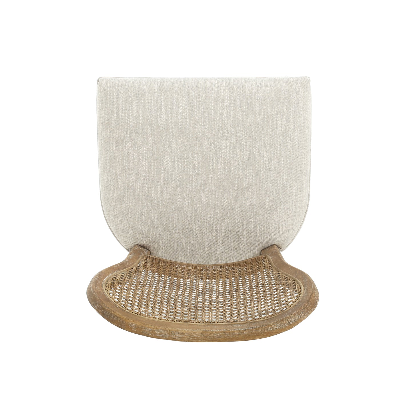 Top view of a beige upholstered dining chair with a natural wood cane seat