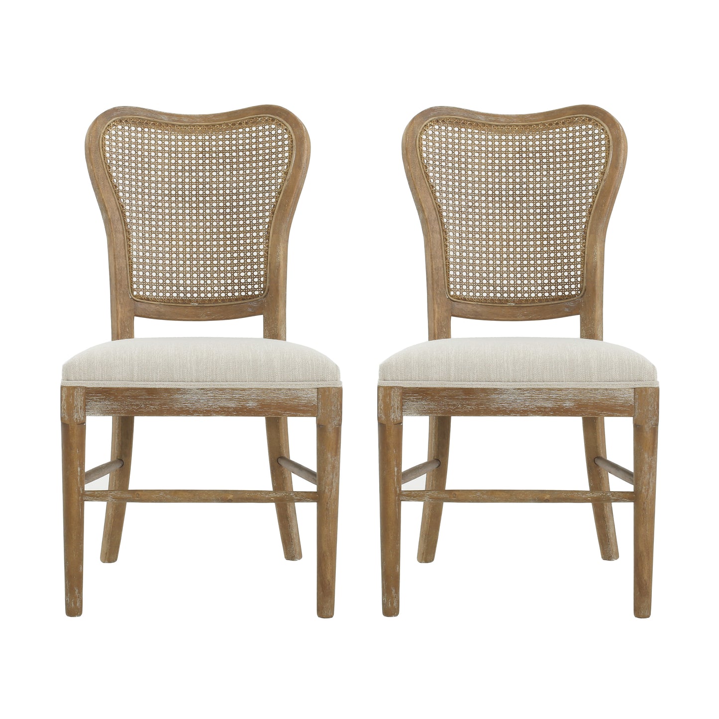 Two distressed wood dining chairs with woven cane backs and upholstered seats