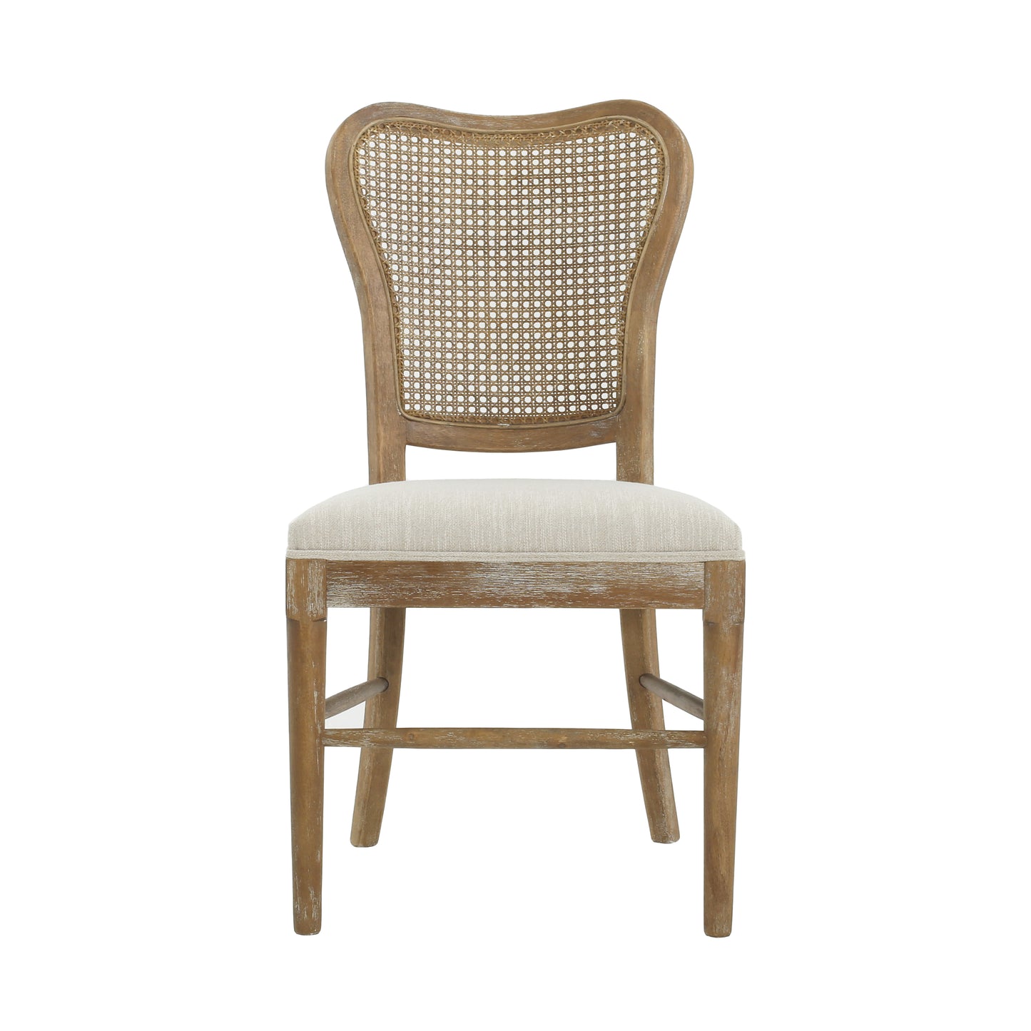Distressed wood dining chair with natural rattan back and upholstered seat