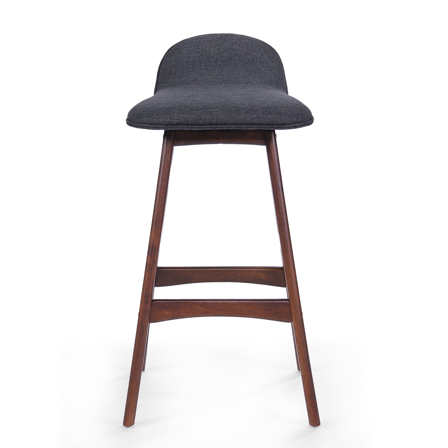 Dark gray upholstered bar stool with curved back and dark wood legs