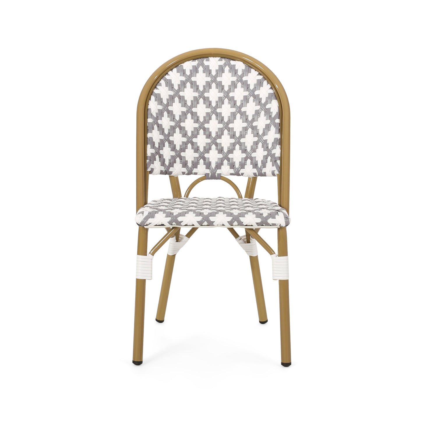 Outdoor bistro chair with woven gray and white seat and back on a gold metal frame