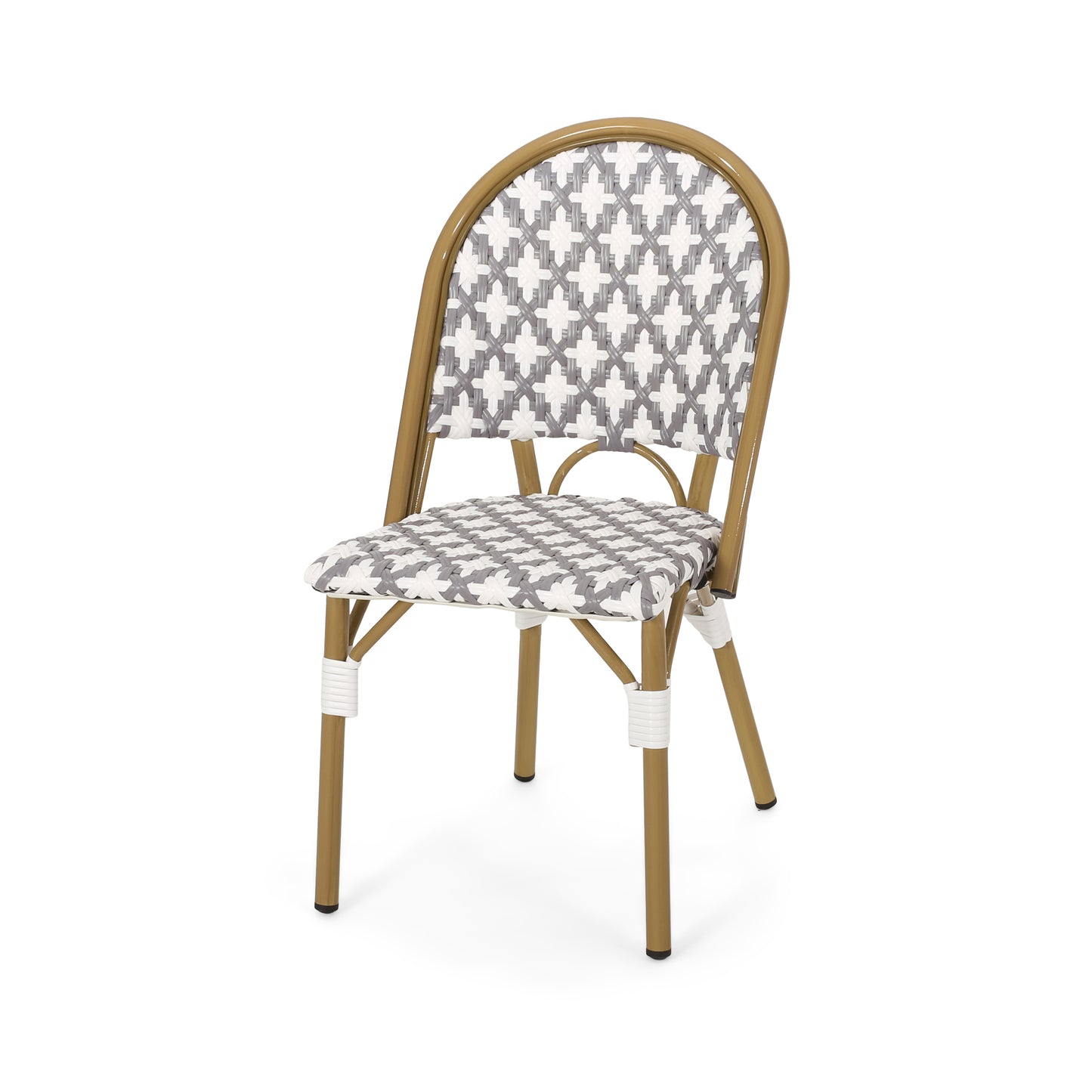 Goldframe bistro chair with grey and white diamond pattern woven seat and back