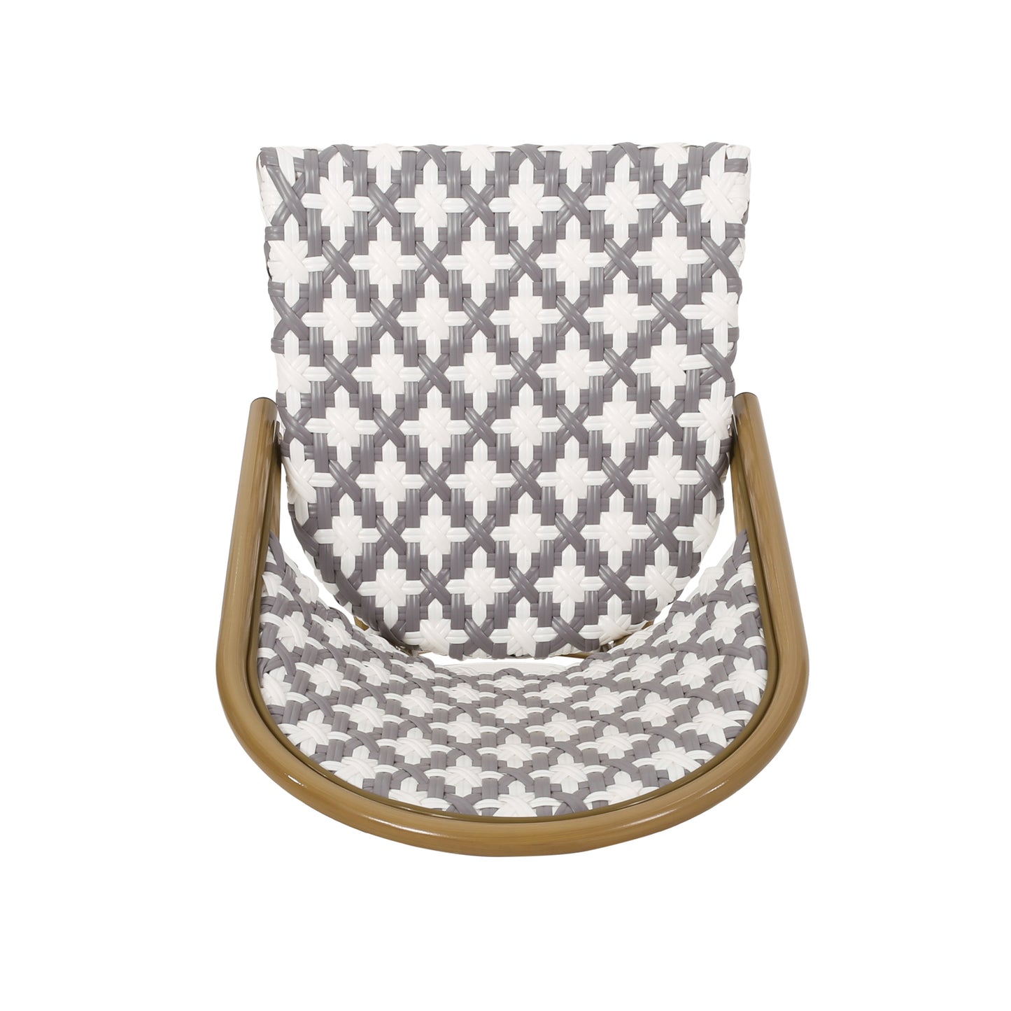 Grey and white woven outdoor chair with curved frame ideal for patio seating