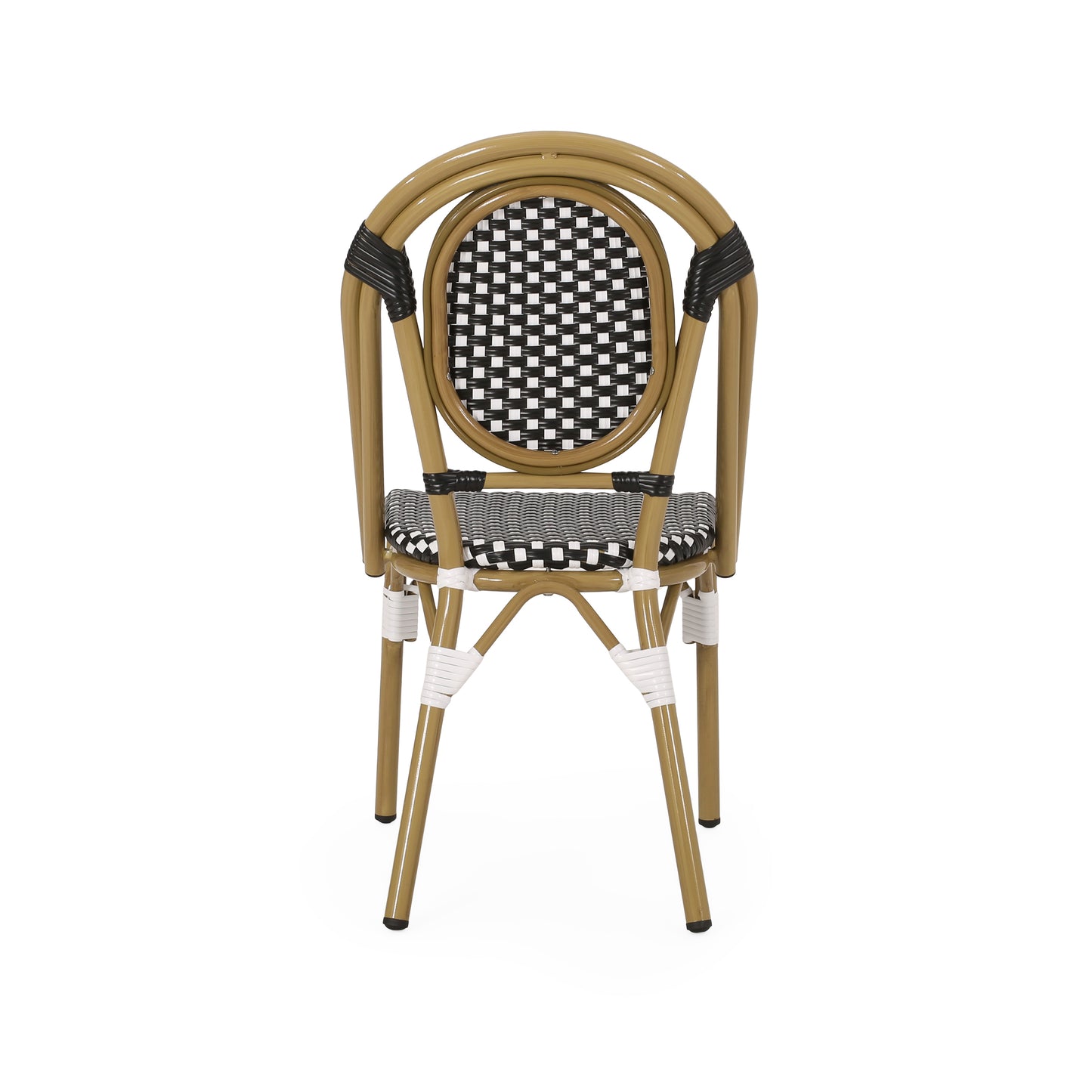 Brown wicker bistro chair with black and white patterned seat and back perfect for outdoor dining