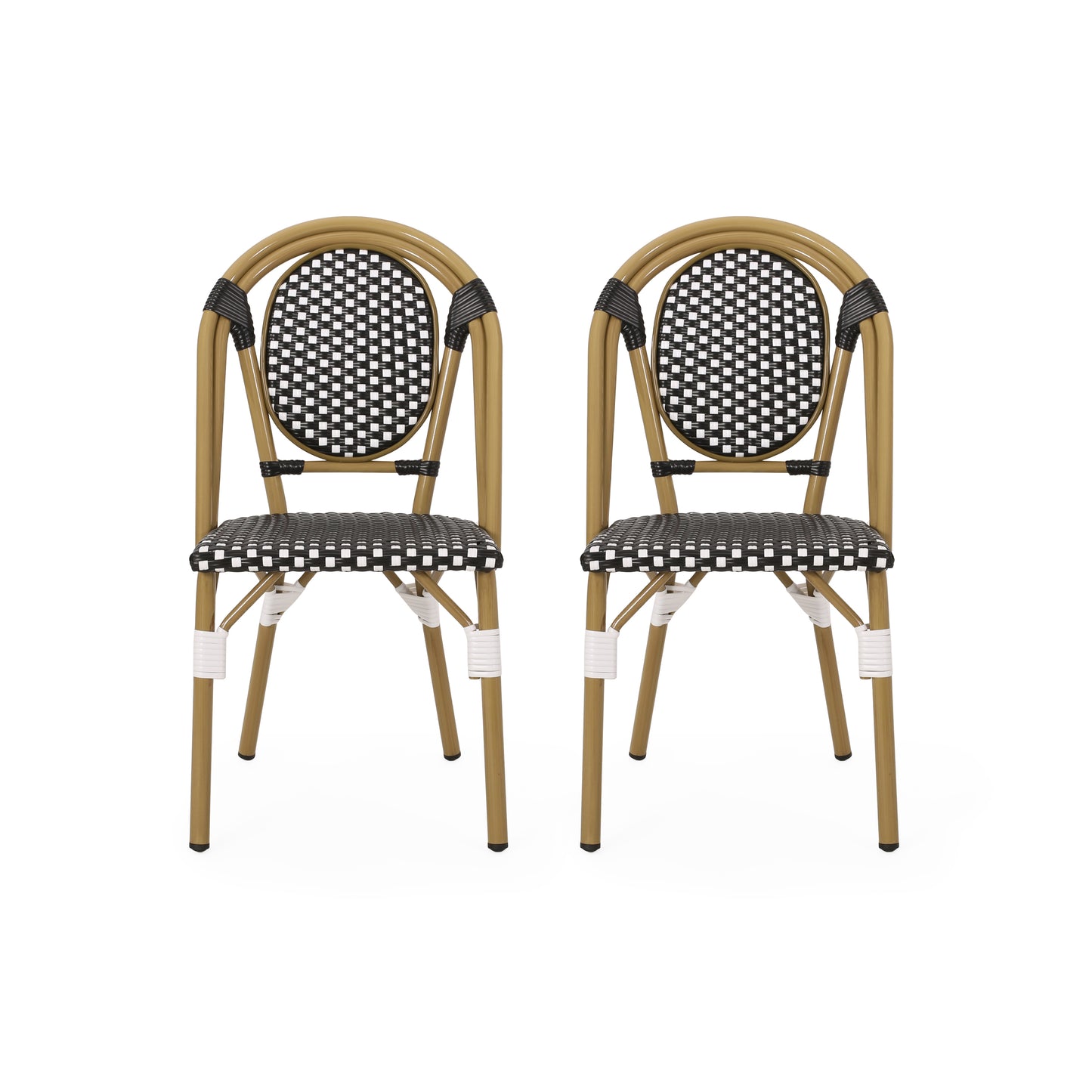 Pair of gold rattan cafe chairs with black and white checkerboard seats