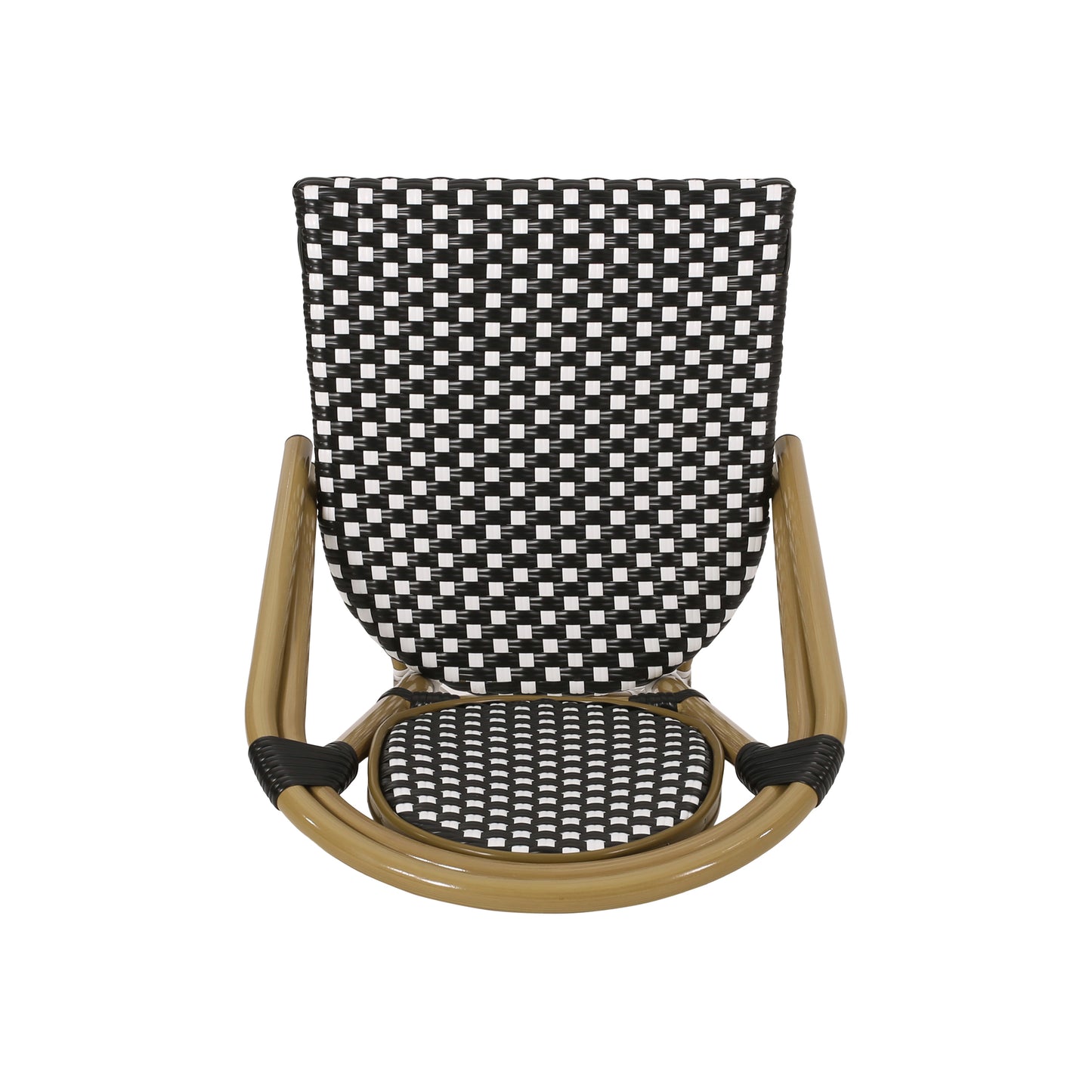 Black and white woven bistro chair with light brown rattan legs perfect for outdoor seating