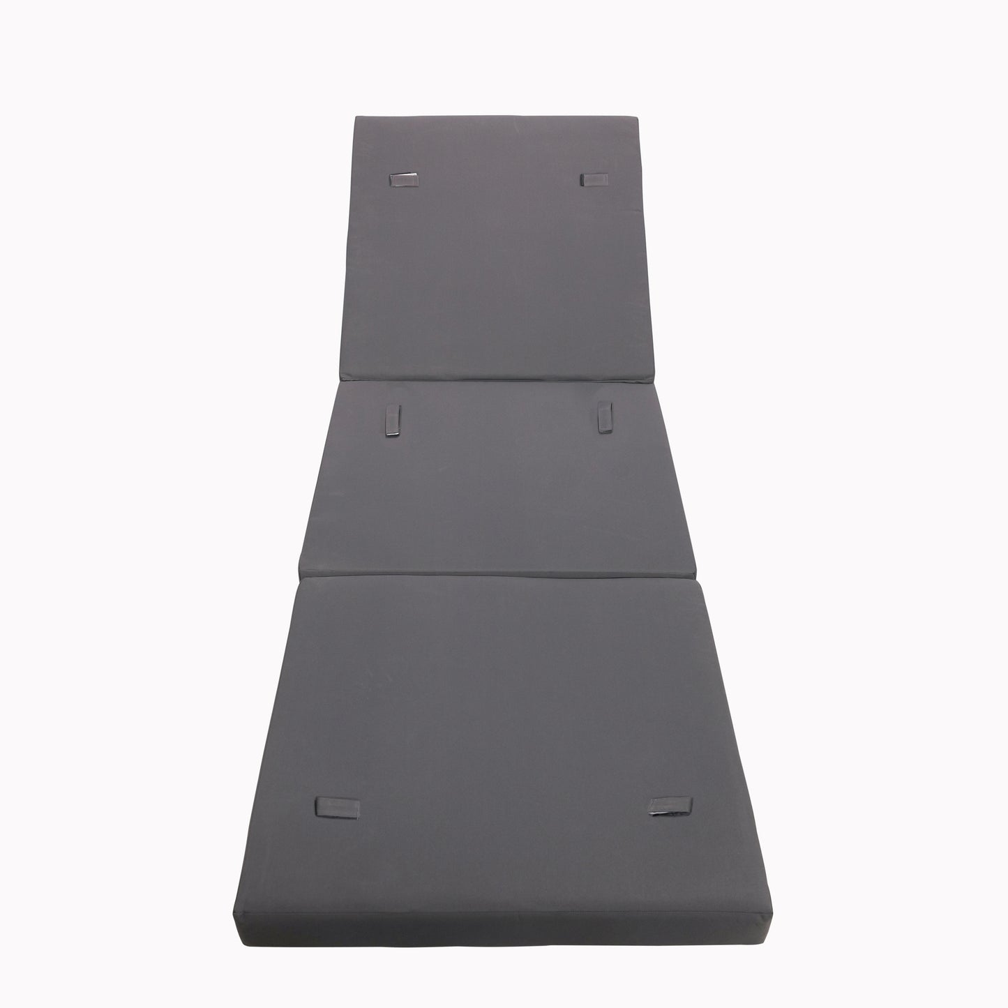 Dark gray padded outdoor lounge chair cushion with adjustable back
