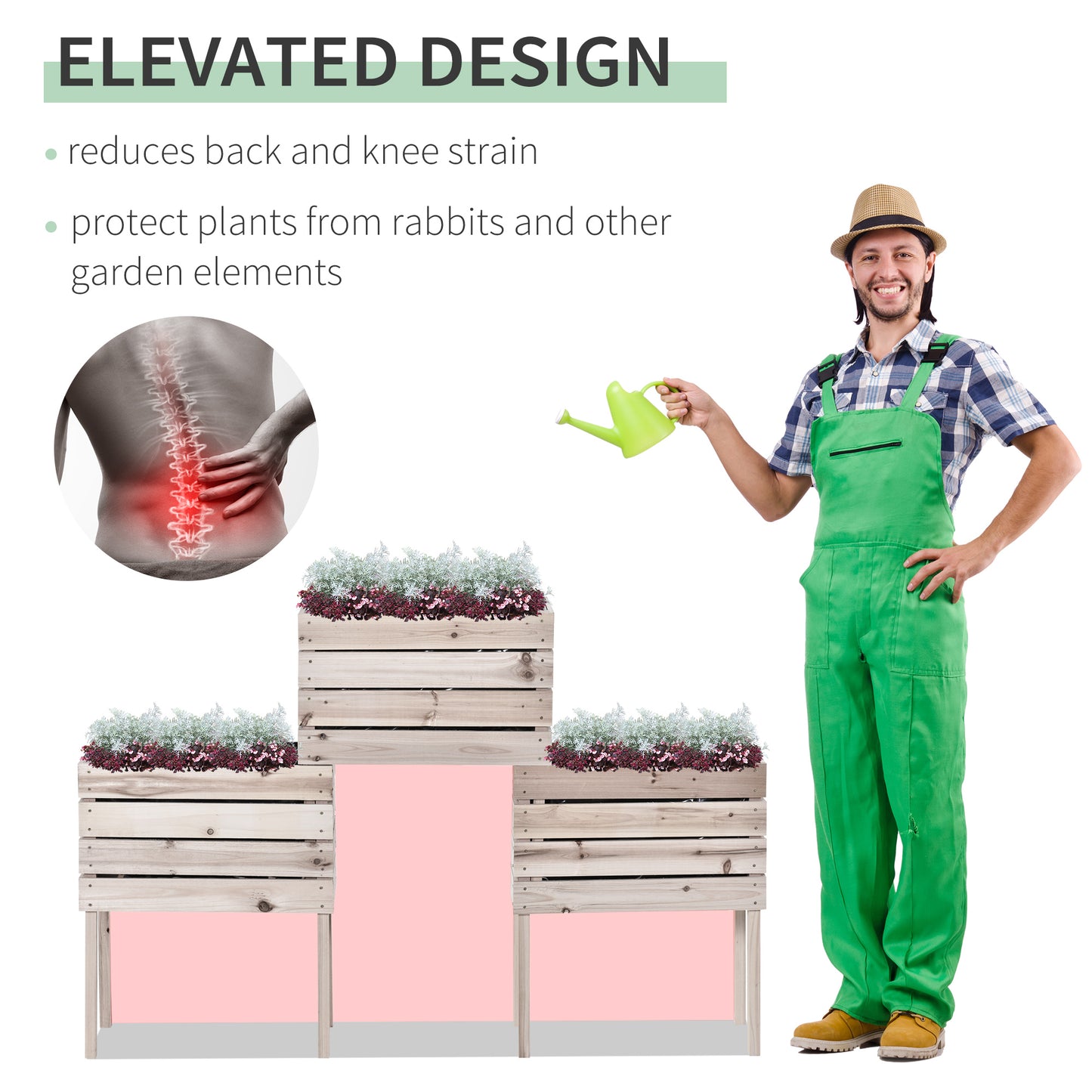 Elevated wooden planter box with flowering plants and gardener watering